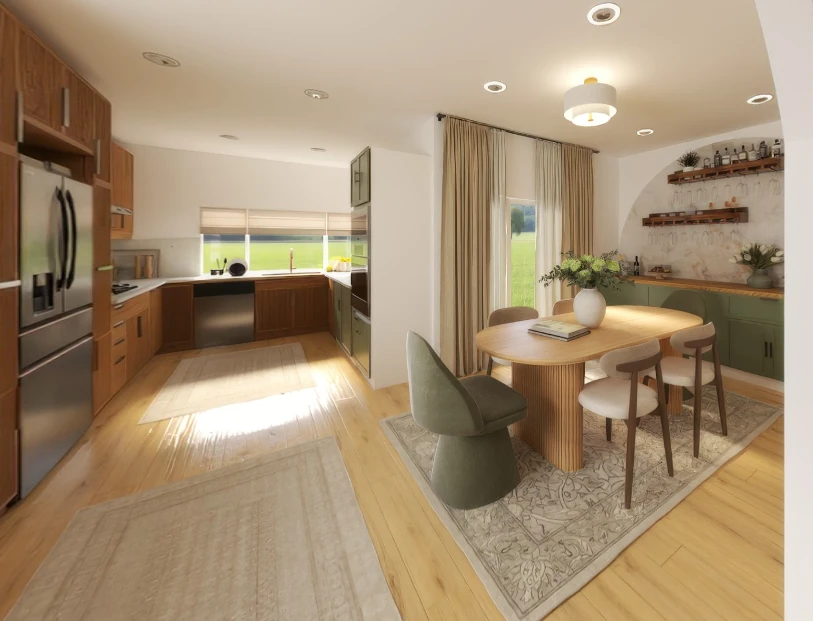 Open-plan kitchen and dining 3D render with oval table and two-tone cabinetry