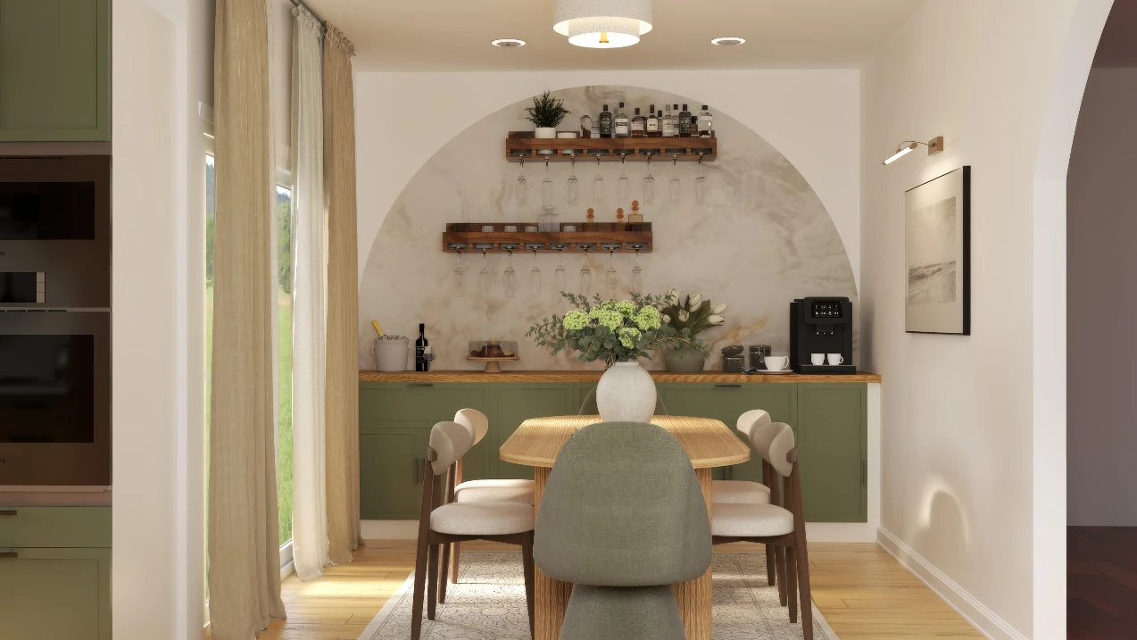 Sage green coffee and bar station 3D render with marble niche and open wood shelving