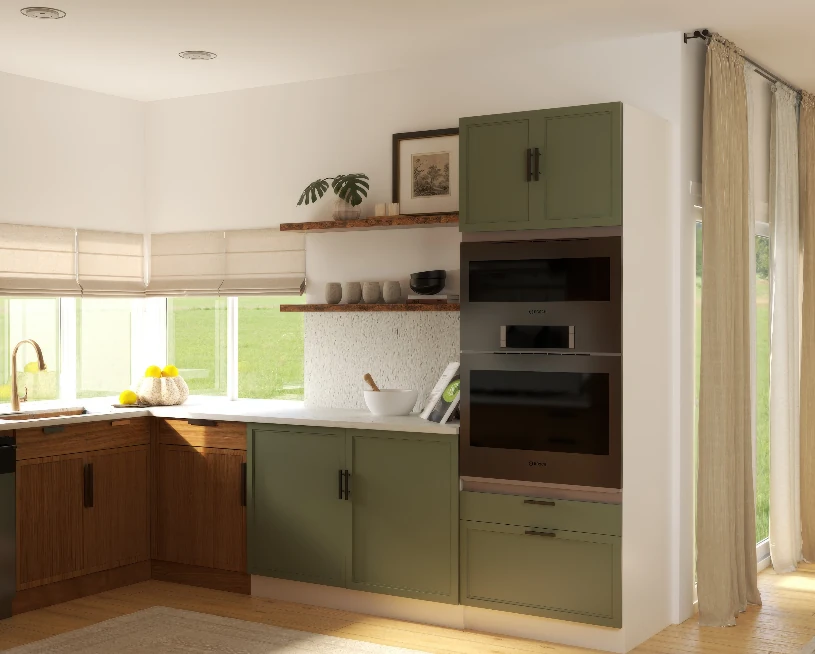 Kitchen 3D render showing open wood shelving replacing heavy upper cabinets near the window