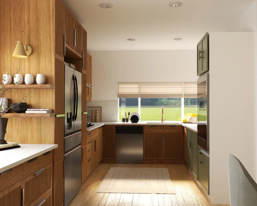Two-tone kitchen 3D render with walnut and sage green cabinetry and open shelving