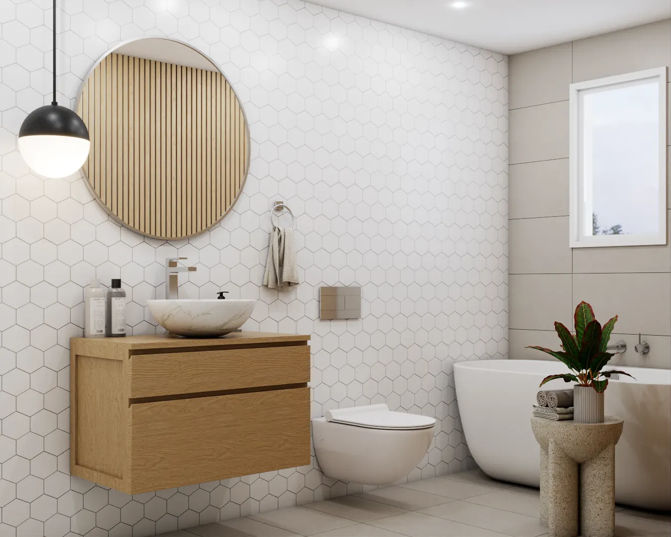 Chic bathroom with eye-catching hexagonal tiles and wooden vanity, complemented by modern fixtures and clean, crisp lines. Design by Debora, an online interior design service.