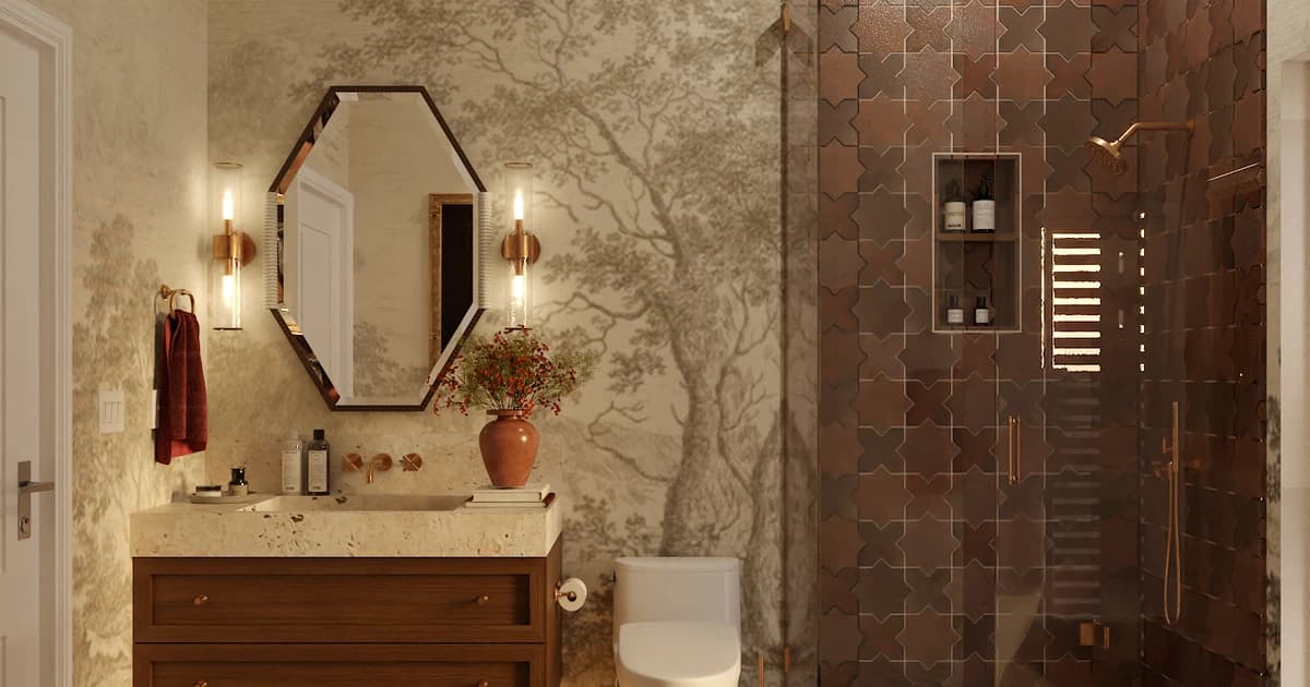Spanish Revival Bathroom Ideas: Zellige Tile and Wallpaper