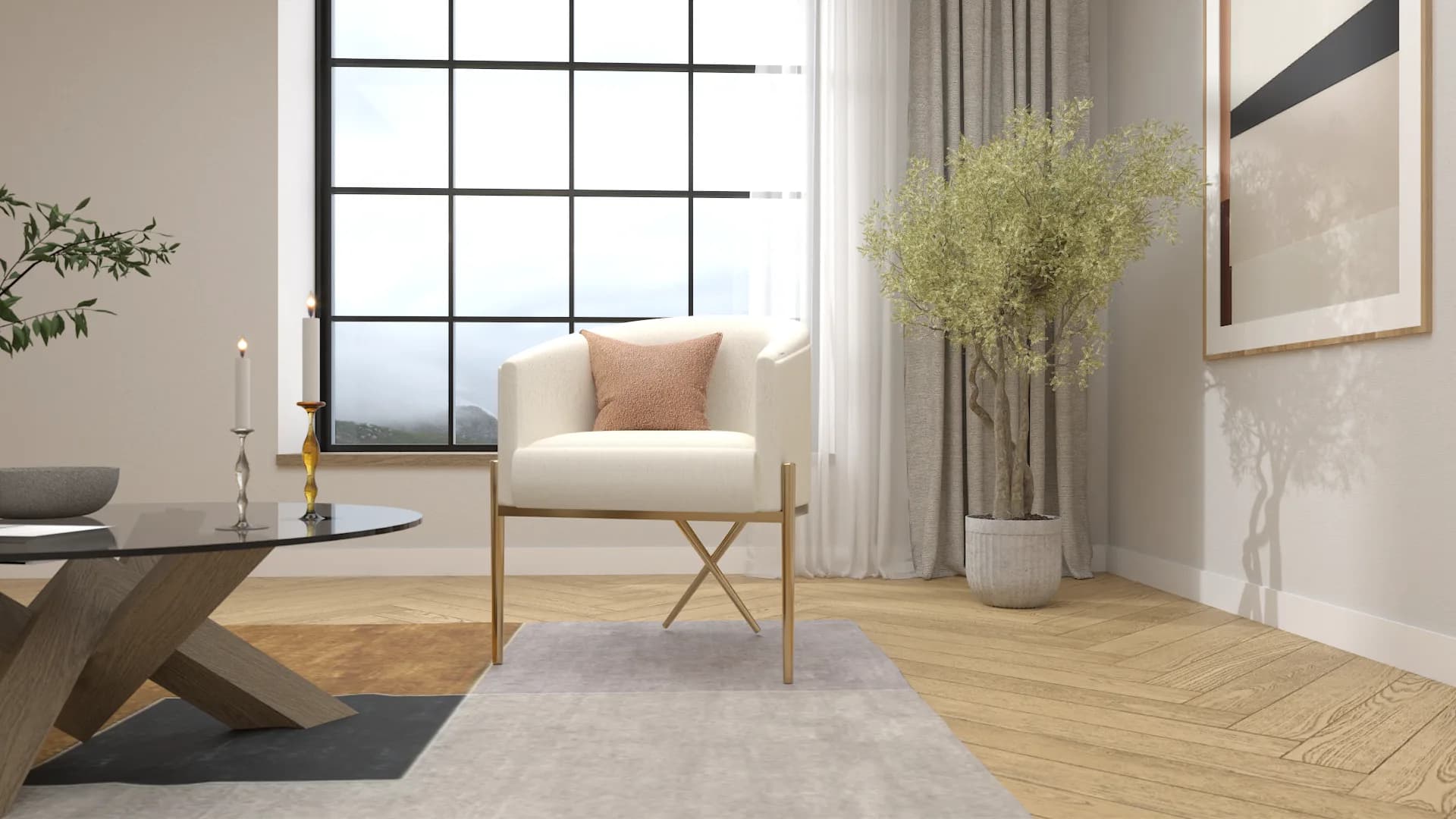Cream bouclé accent chair on gold X-base frame beside black steel grid window with herringbone oak floors and potted olive tree