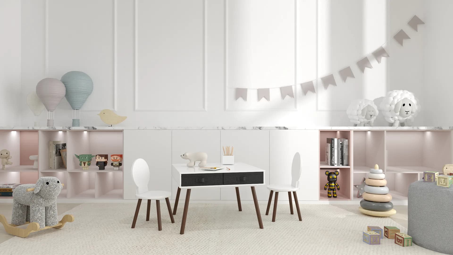 White Scandinavian toddler playroom with pink-interior open cubbies, bunny-ear chairs, rocking horse, and hot air balloon decor