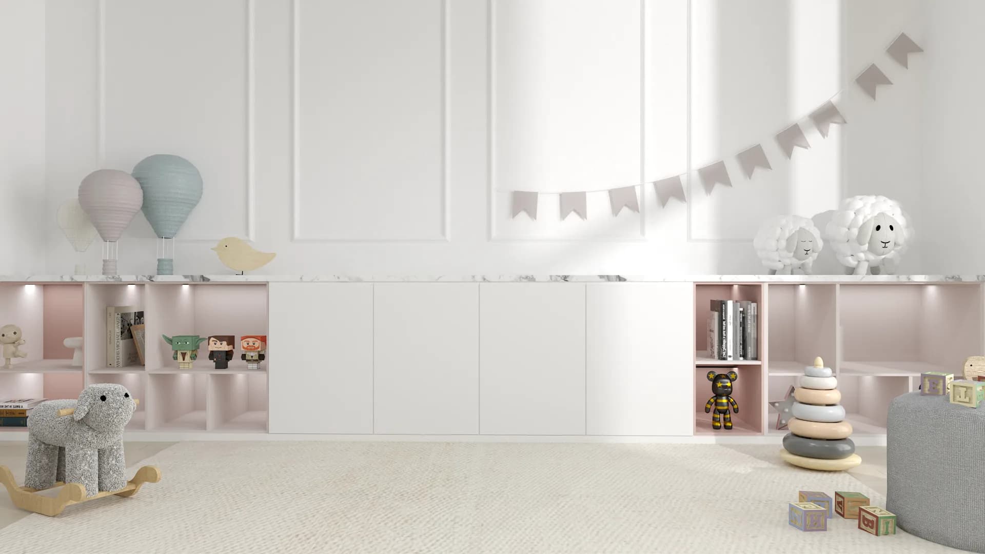 Pink cubby storage wall with white paneling, rocking horse, hot air balloon decor, and bunting garland