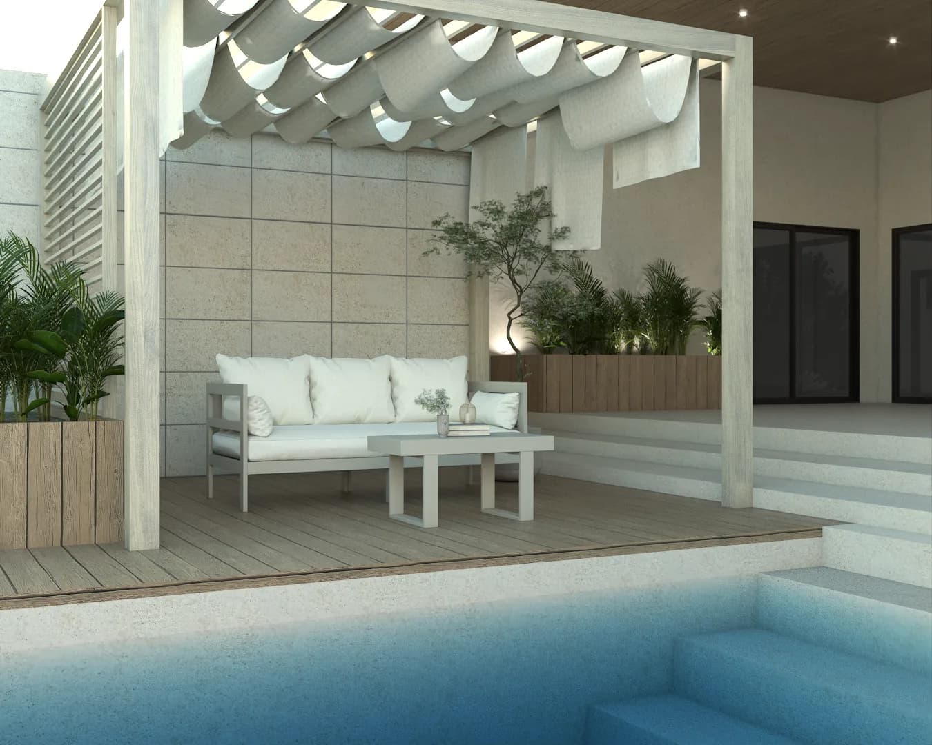 White outdoor sofa on teak deck under wave-canopy pergola beside turquoise pool with limestone tile wall and tropical planters