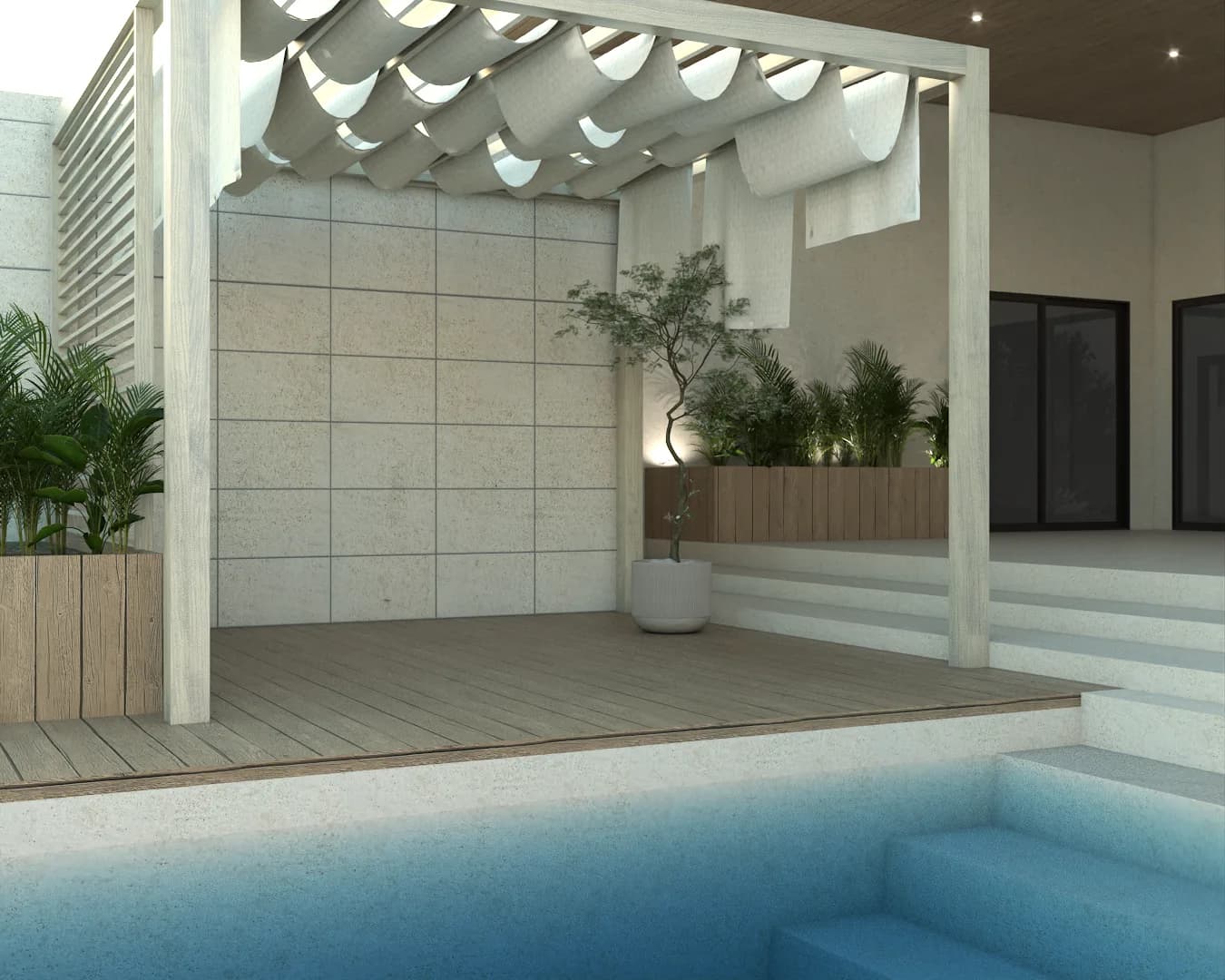 Wave canopy pergola over teak deck beside turquoise pool with limestone wall and tropical plants