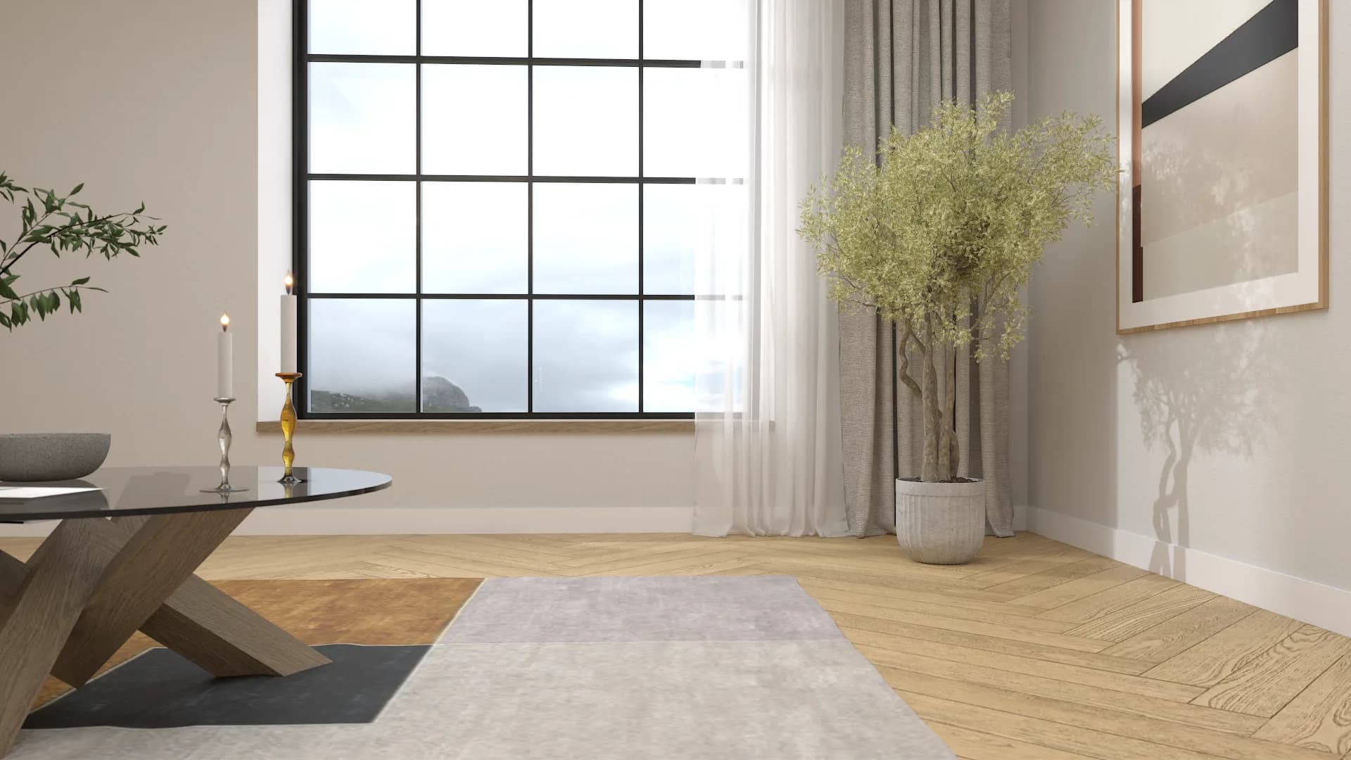 Herringbone oak floor with glass coffee table, olive tree, and mountain view through black grid window