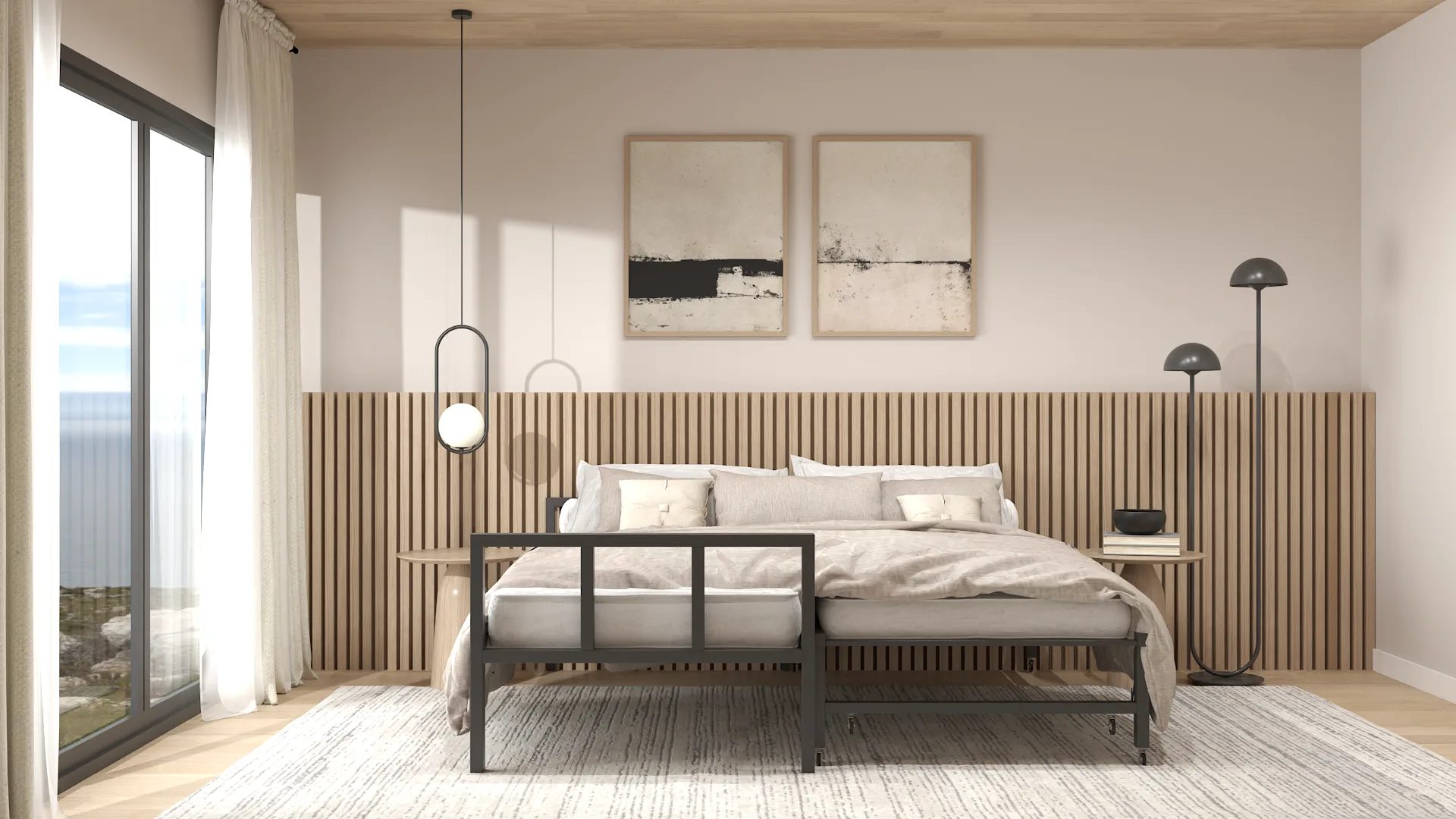 Bedroom with full-wall oak slat panel headboard, black metal bed frame, white linen bedding, globe pendant light, and sliding glass doors to coastal view