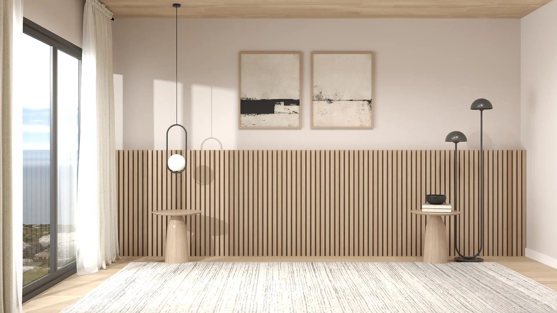 Oak vertical slat accent wall with pendant light and coastal view through sliding glass doors