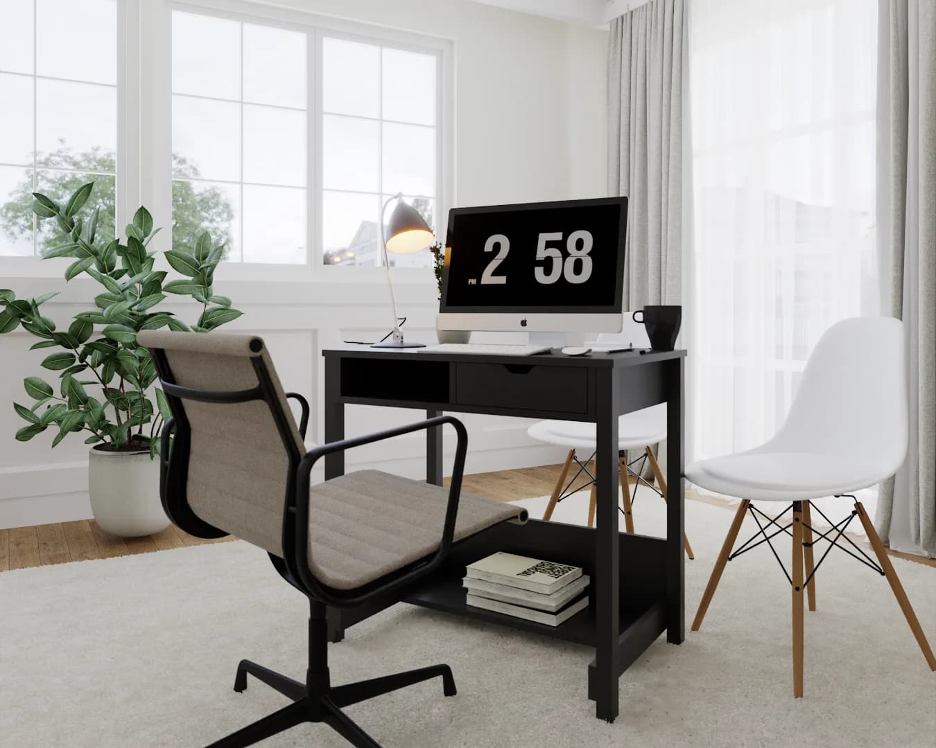 Compact black A-frame desk with trapezoidal legs and open lower shelf