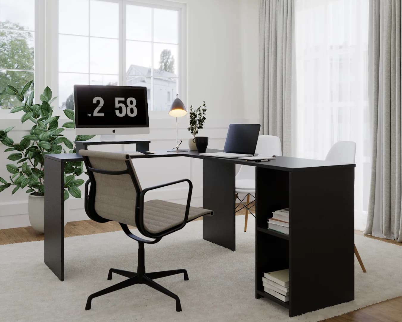 Black L-shaped desk with cubby storage shelf on return panel in a home office