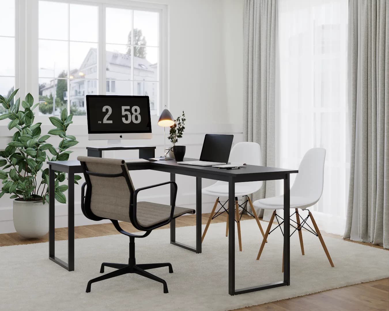 3D product rendering of a black metal sled-leg desk with open rectangular frame, iMac, and laptop in a staged home office