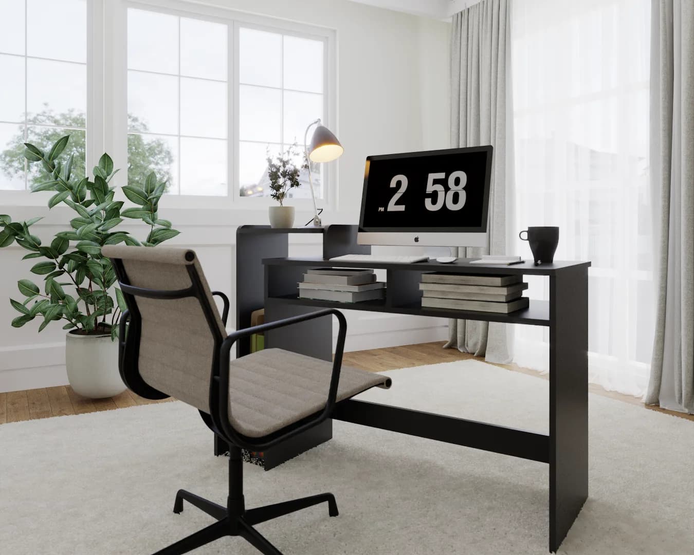 Wide charcoal desk with two front-facing shelf cubbies and flat panel sides