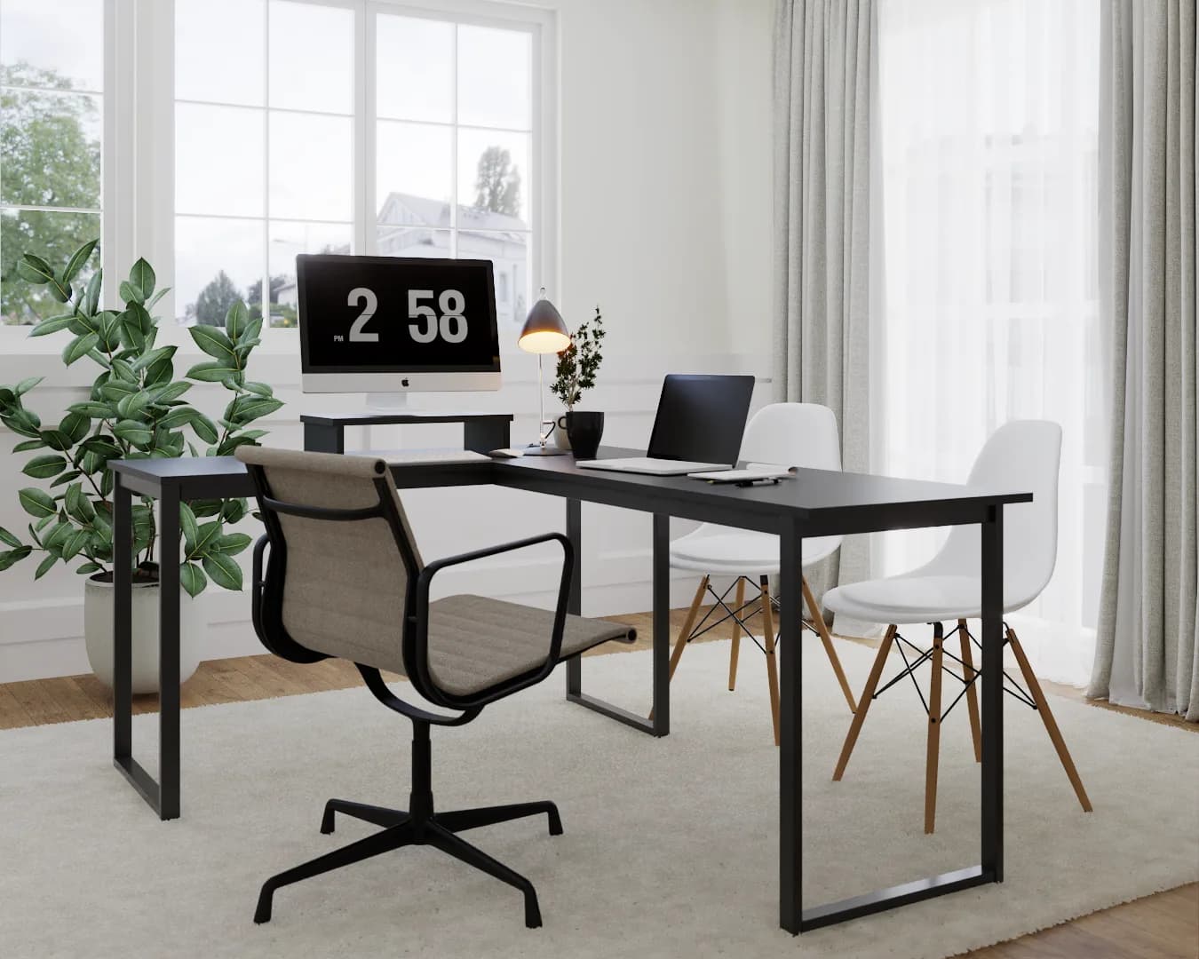 Long charcoal metal sled-leg desk with dark laminate top in a minimalist office