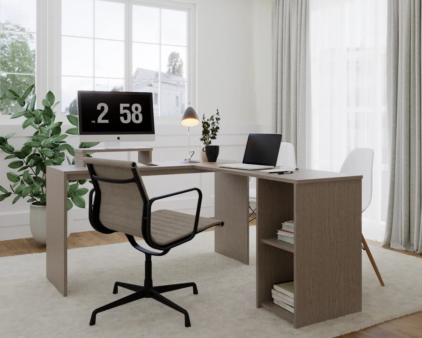 Gray oak L-shaped desk with open shelving return panel in a bright office