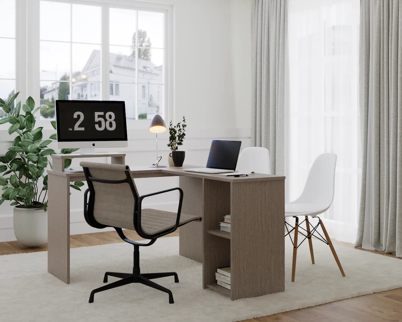 Gray oak L-shaped desk with open side shelves rendered in a staged home office