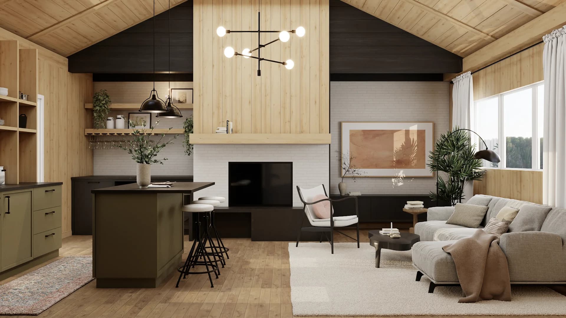 Open A-frame cabin with olive green kitchen island, white brick fireplace, vaulted wood ceiling, and gray sectional
