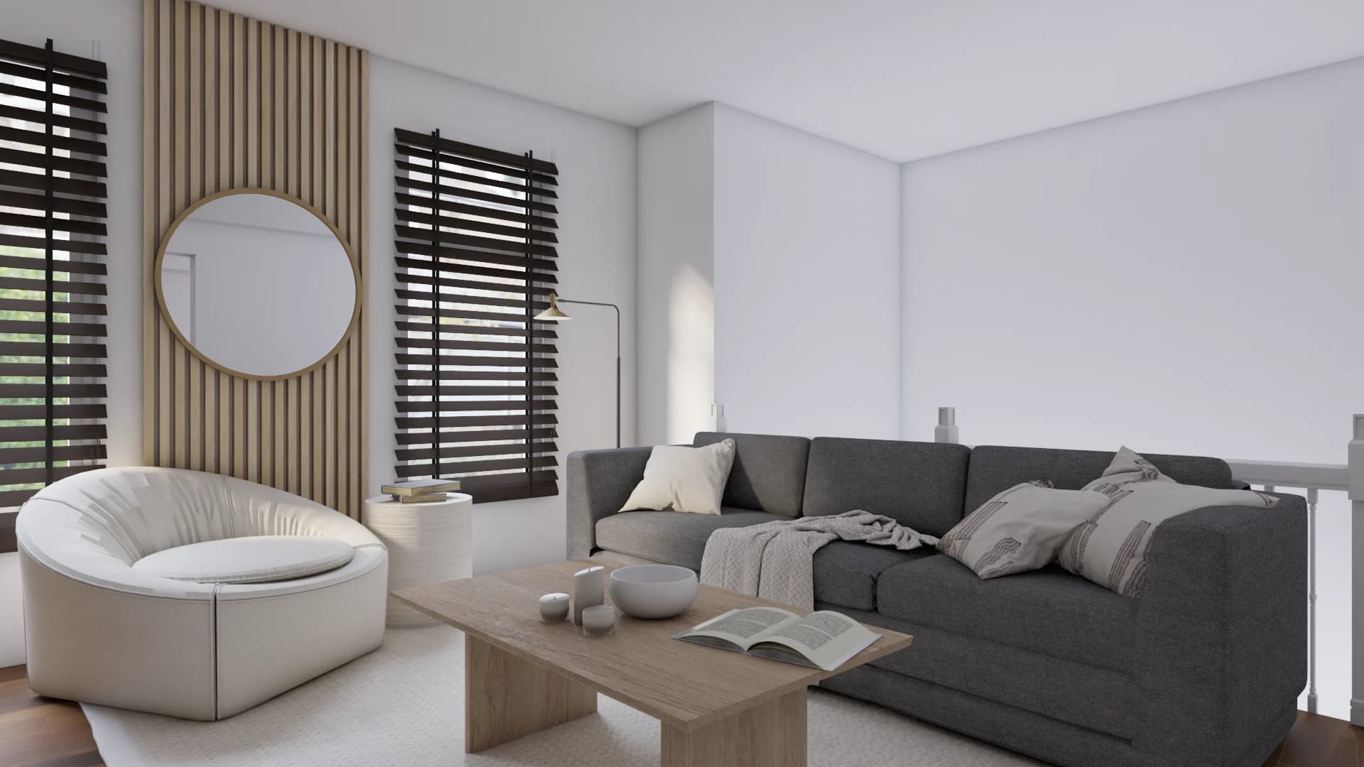 Oak slat accent wall with round mirror, cream swivel chair, gray sofa, and dark venetian blinds