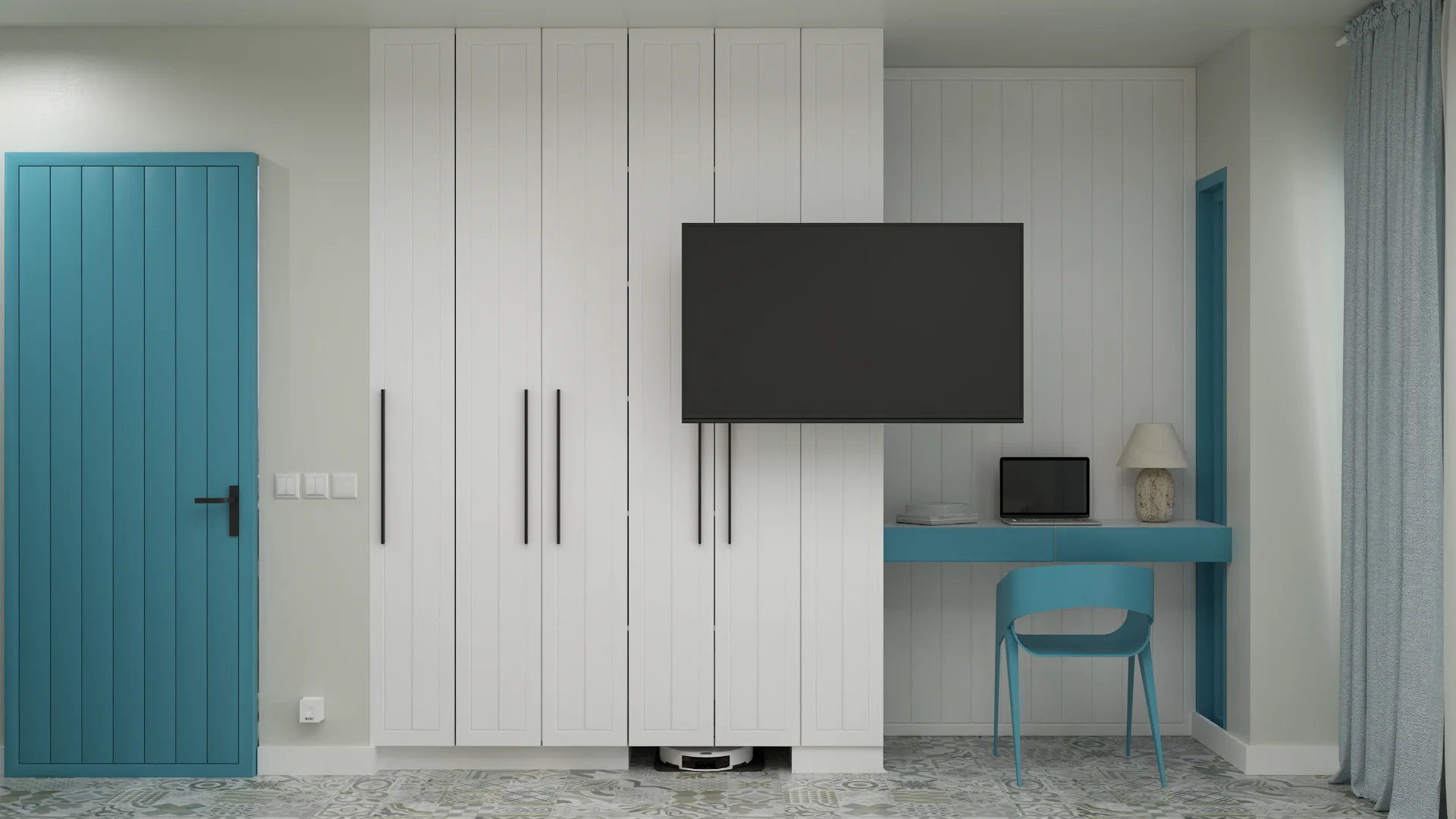 Airbnb bedroom with teal paneled door, white built-in wardrobe, and patterned cement tile floor