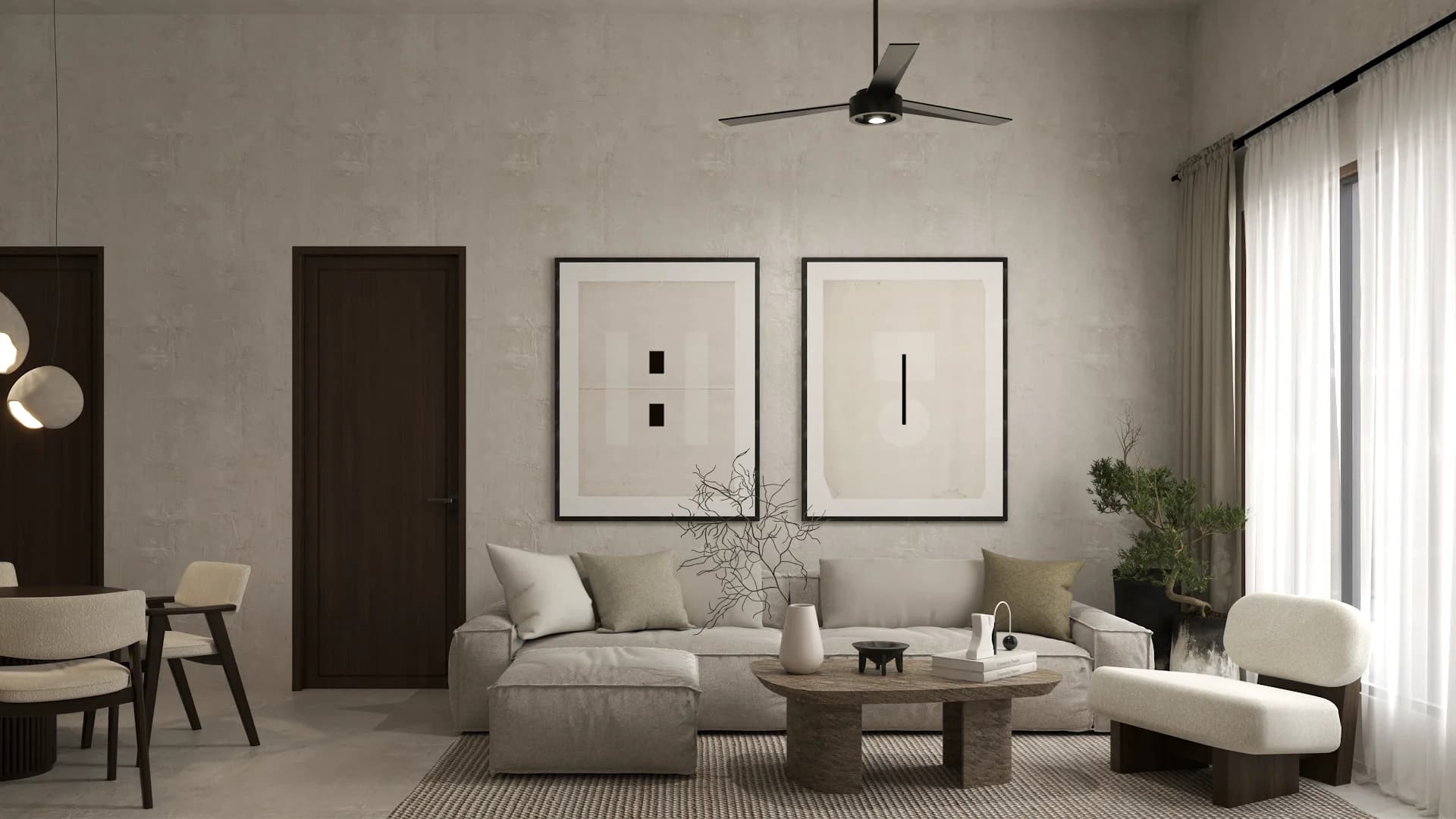 Lounge with white sofa, twin abstract art, ceiling fan, boucle chair, and round wood table.