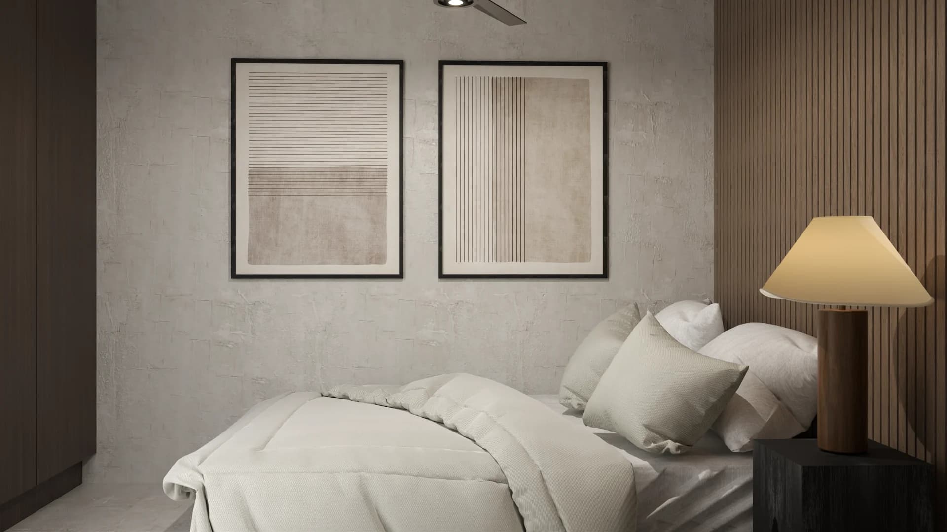Bedroom detail with framed abstract prints, slat wood accent wall, lamp, and white linen bedding.