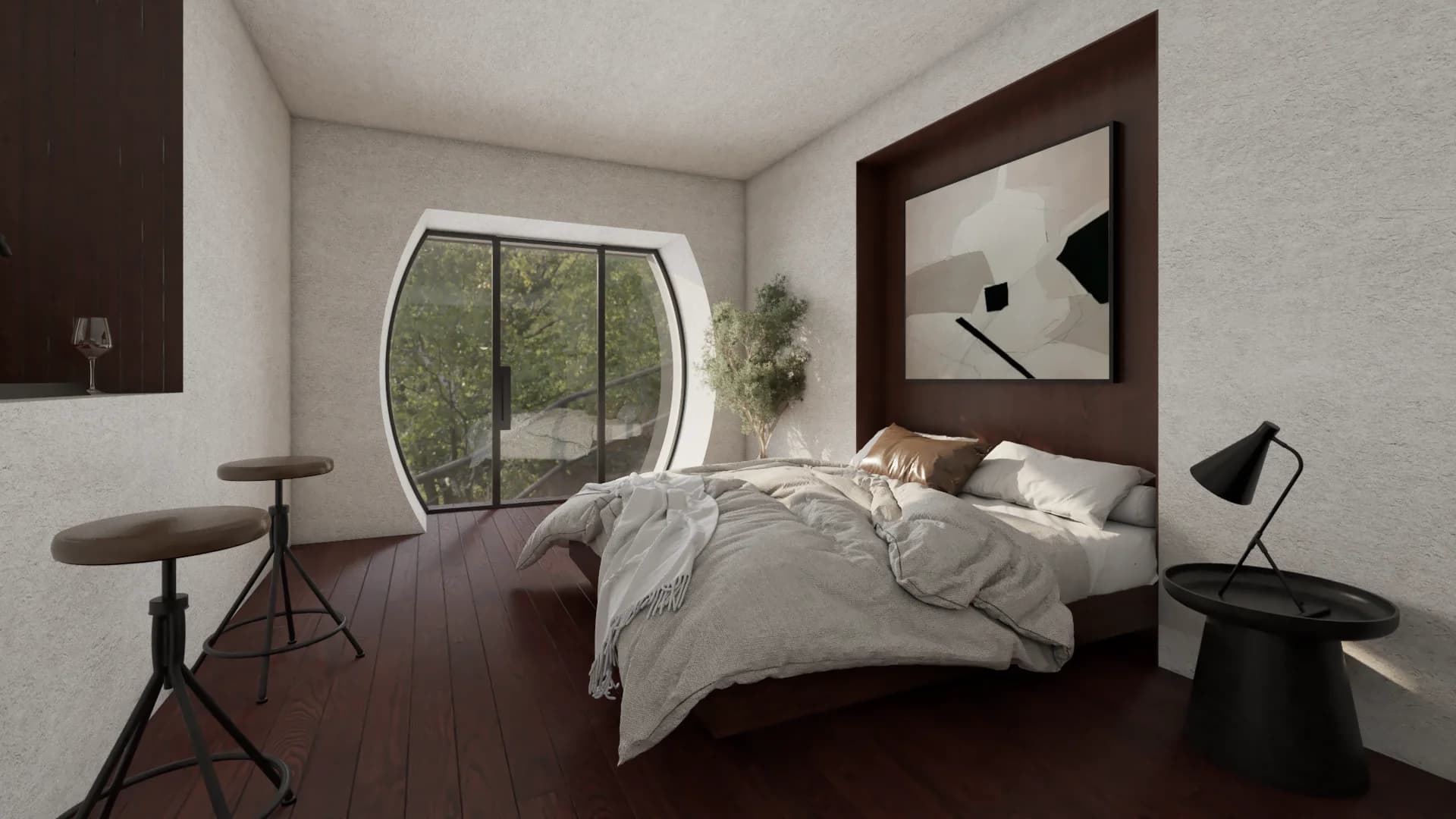 Bedroom with barrel-shaped garden window, walnut headboard niche, and abstract art