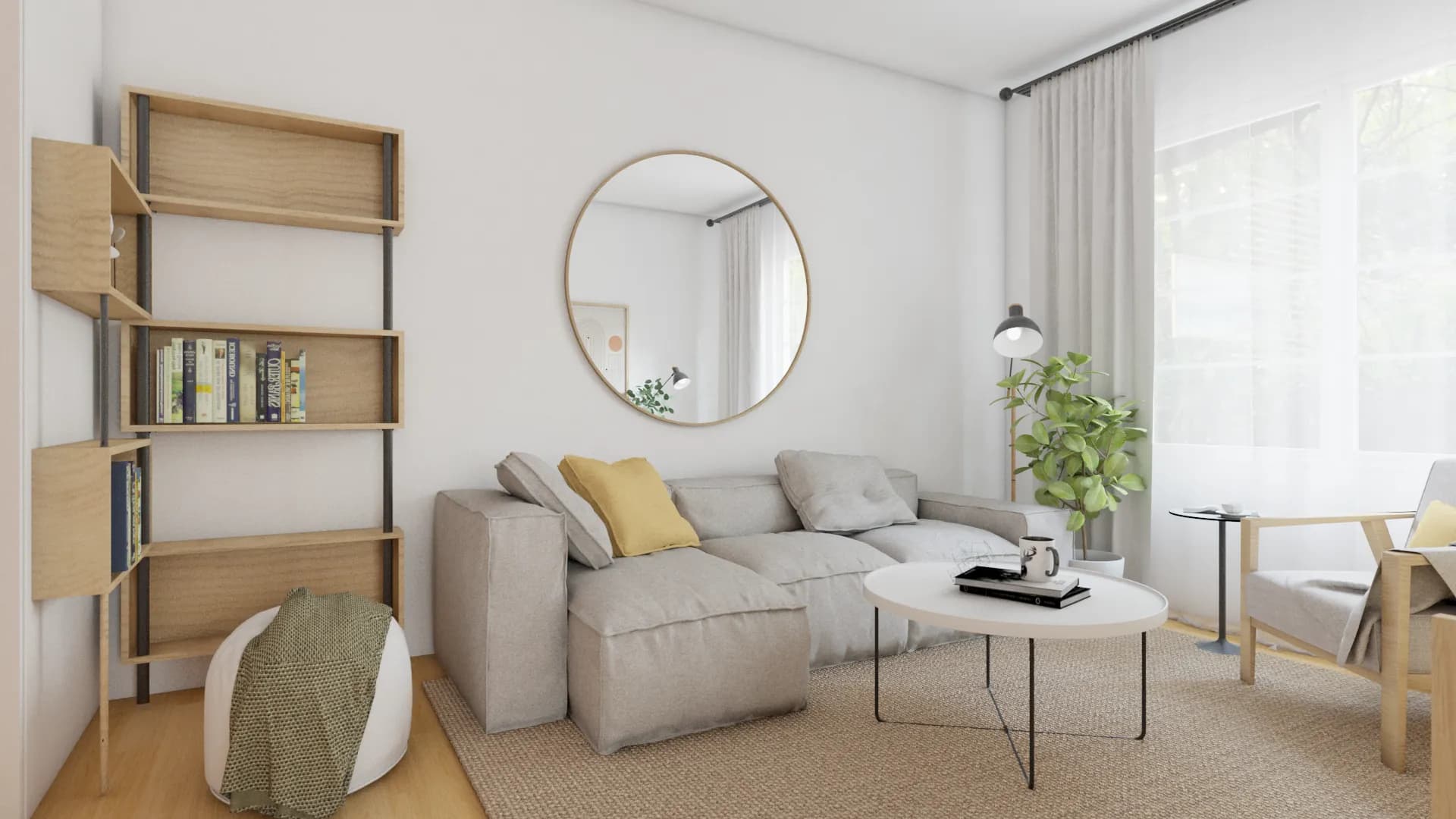 View behind the gray linen sofa showing an oak and metal open bookshelf styled with books and objects, a round gold-frame mirror on the wall, and mustard accent pillows on the sofa back