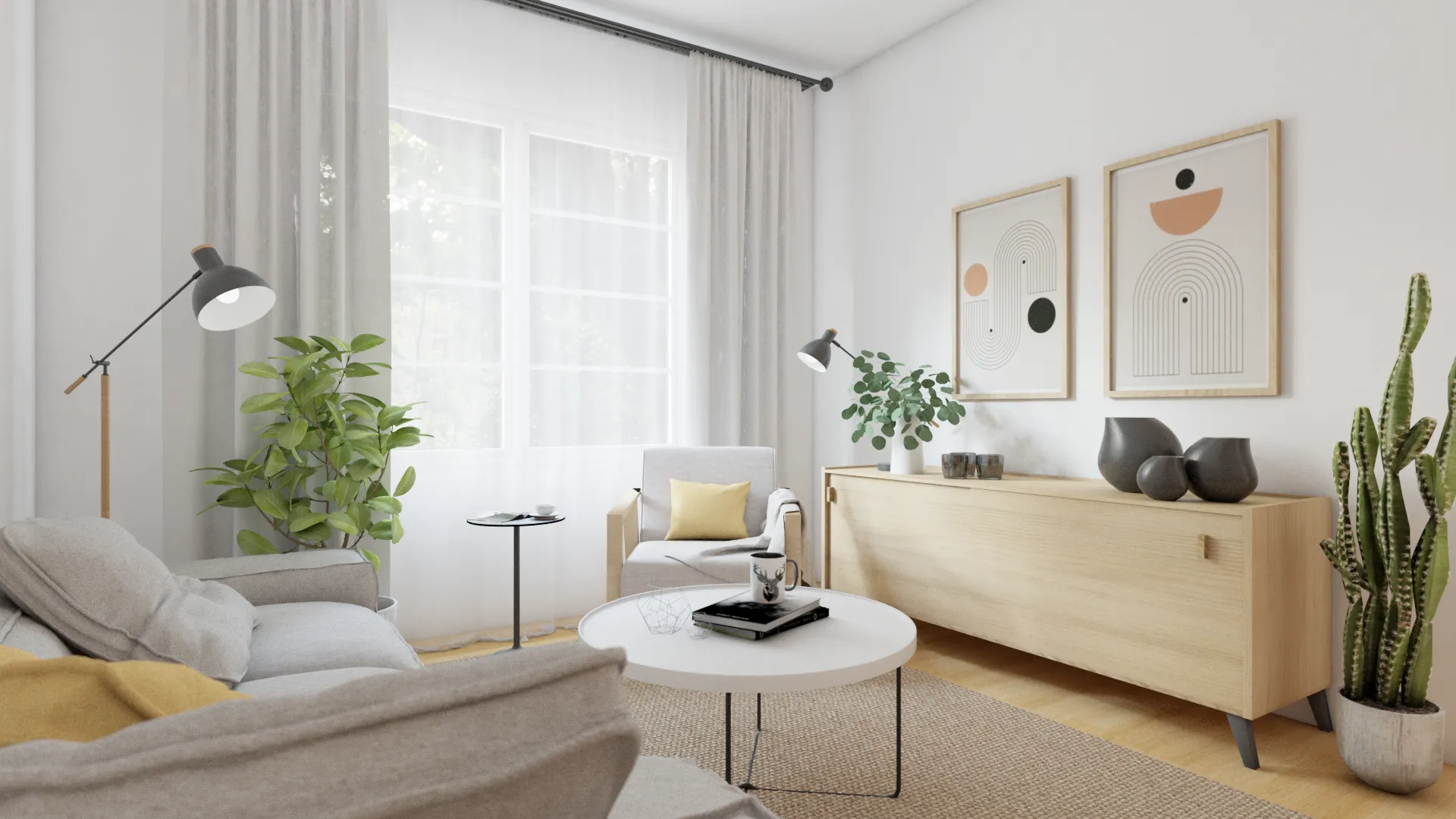 Scandinavian Airbnb living room with gray linen sofa, mustard accent pillows, birch credenza, abstract geometric art prints, round white coffee table on jute rug, and indoor plants. Design by Debora, an online interior design service.