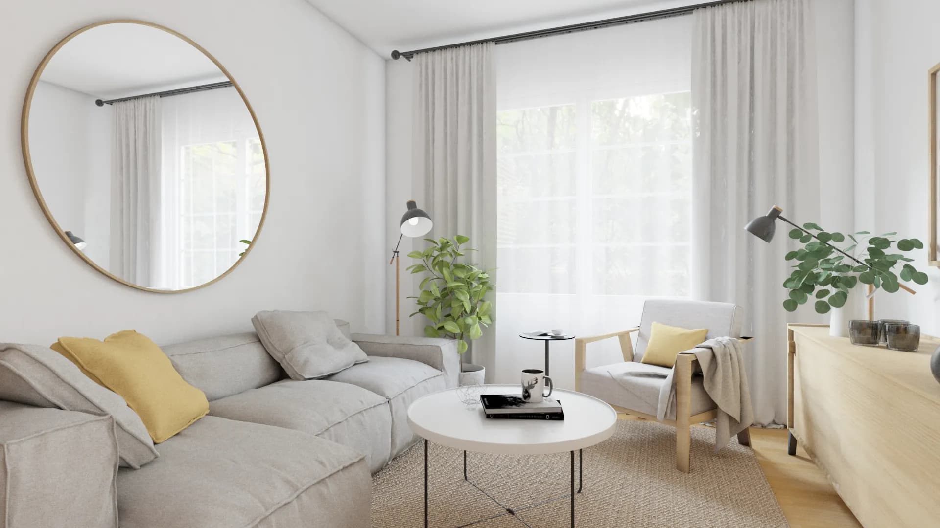 Close-up view of the gray sofa with an oversized round mirror above, light gray armchair beside the window, birch credenza on the right, and an articulated task floor lamp between the seating pieces