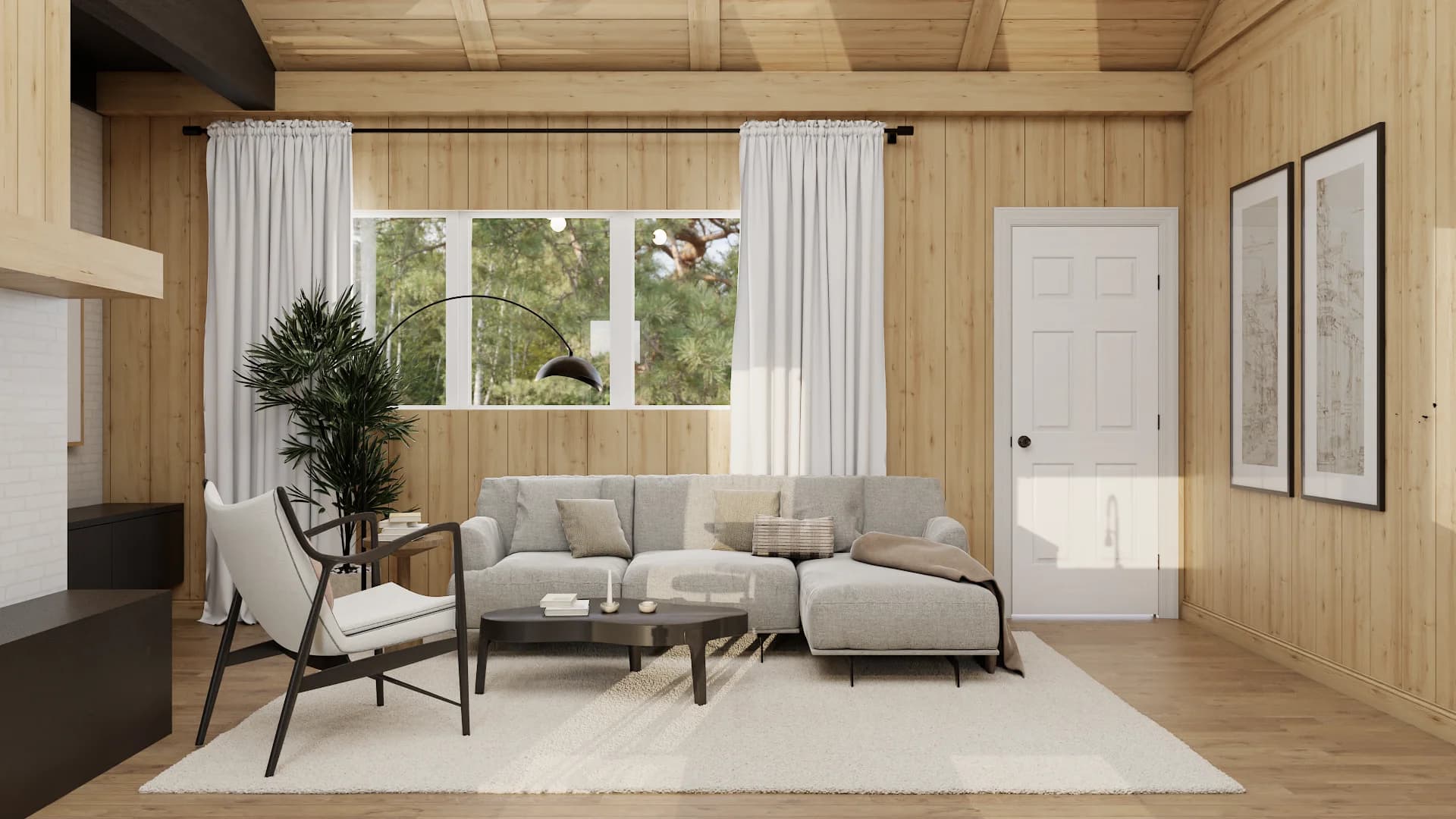 Cabin living room with gray sectional, wood-paneled walls, exposed beams, and forest window