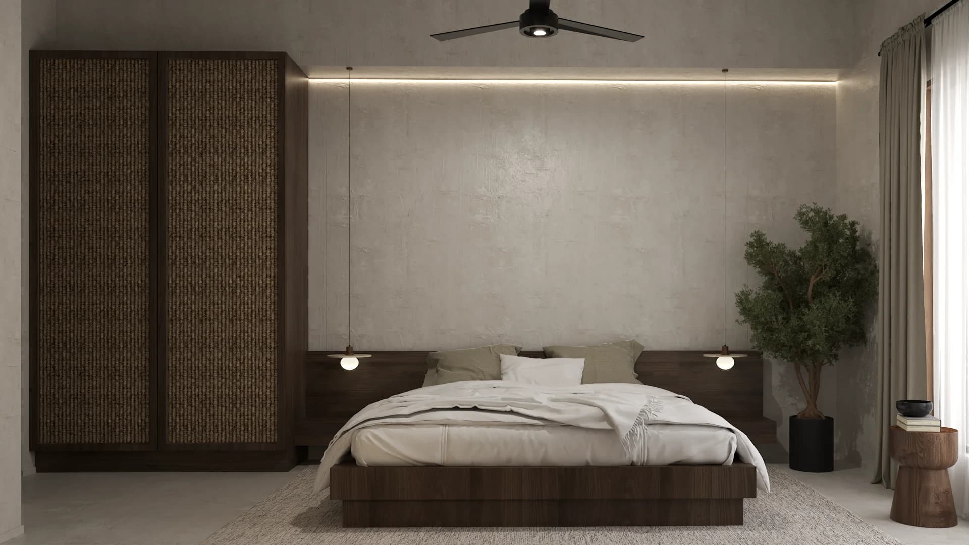 Master bedroom with cane-front wardrobe, walnut platform bed, olive tree, and ceiling fan.