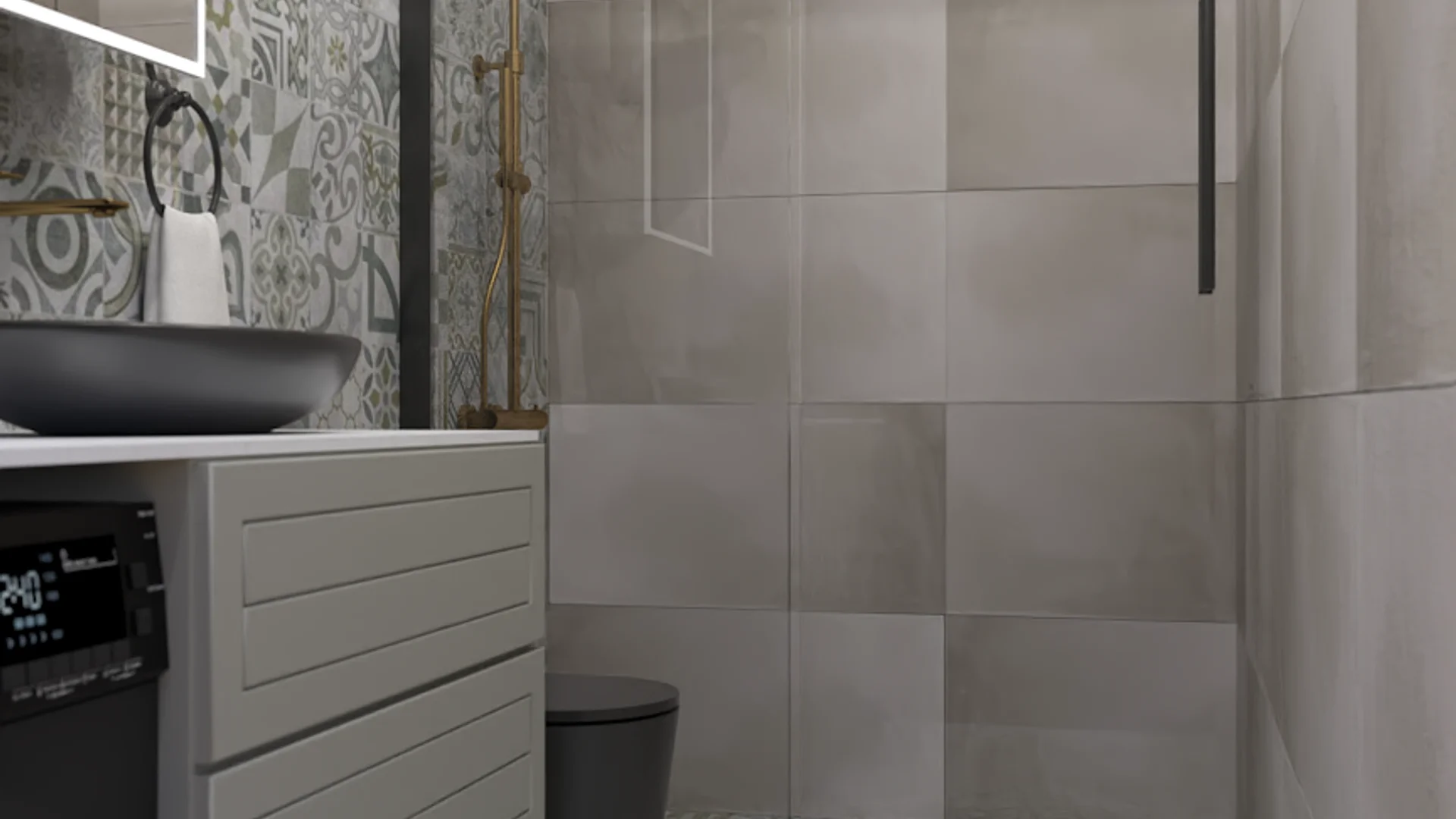 Coastal bathroom with brass rain shower, patchwork cement tile wall, and large format neutral tiles