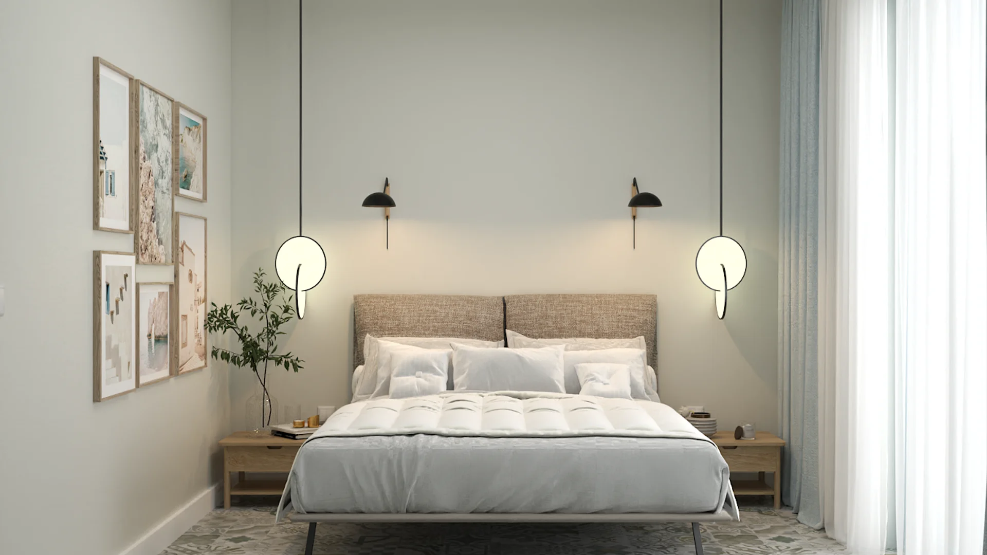 Coastal bedroom with linen headboard, circular pendant sconces, gallery wall, and patterned tile floor