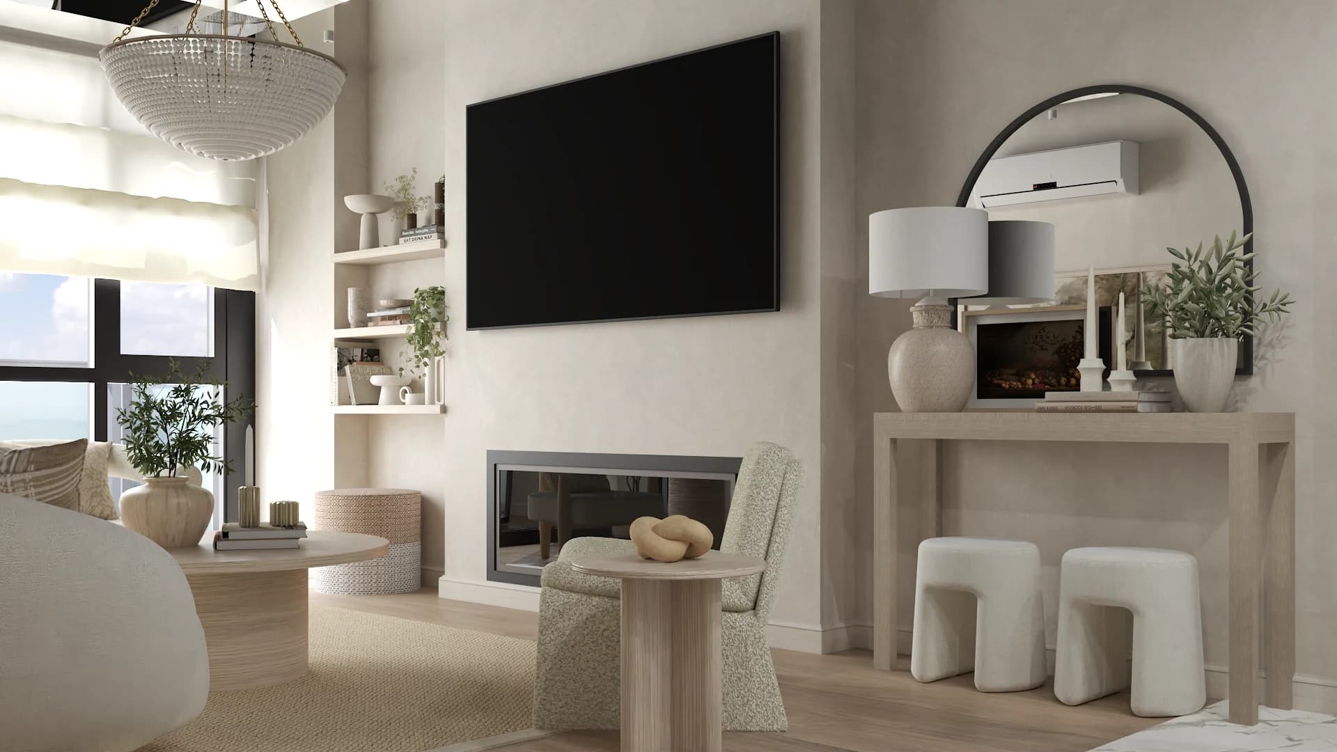 Close-up of linear gas fireplace wall with floating shelves holding books, plants, and ceramic vessels on the left, arched leaning mirror above a console table on the right, woven natural pouf in front of the hearth