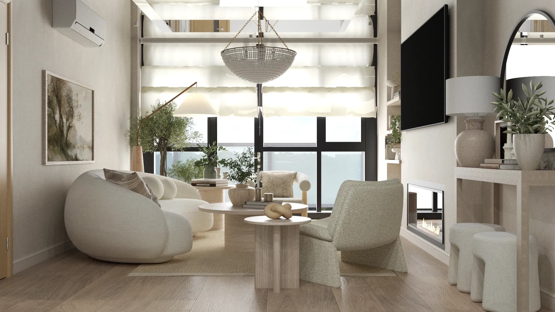 Double-height coastal living room with curved cream organic sofa, boucle slipper chairs, beaded crystal chandelier, linear gas fireplace, arched mirror, and plaster limewash walls. Design by Debora, an online interior design service.