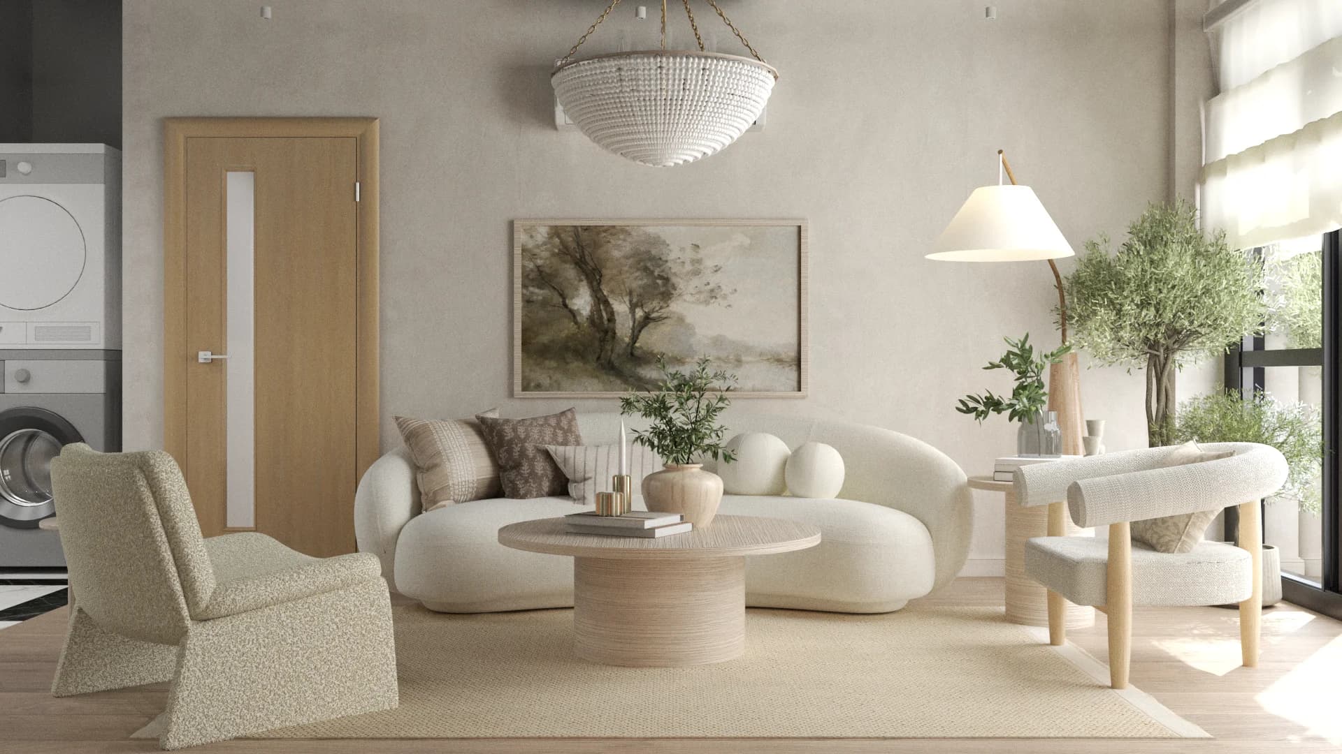 Curved cream organic sofa viewed from the side with textured throw pillows, boucle slipper chairs opposite, beaded crystal chandelier overhead, landscape painting on the far wall, and light oak door visible in the background