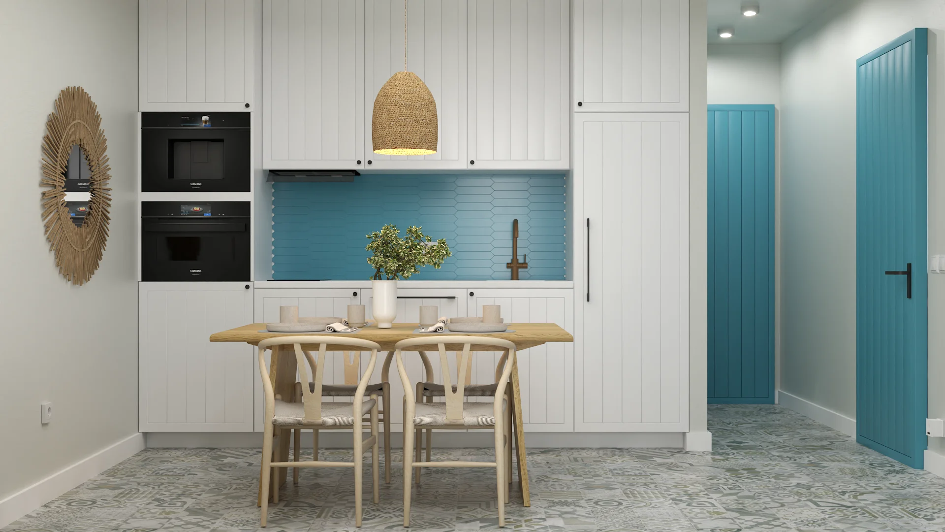 Coastal kitchen with blue subway tile backsplash, white shaker cabinets, rattan pendant, and teal door