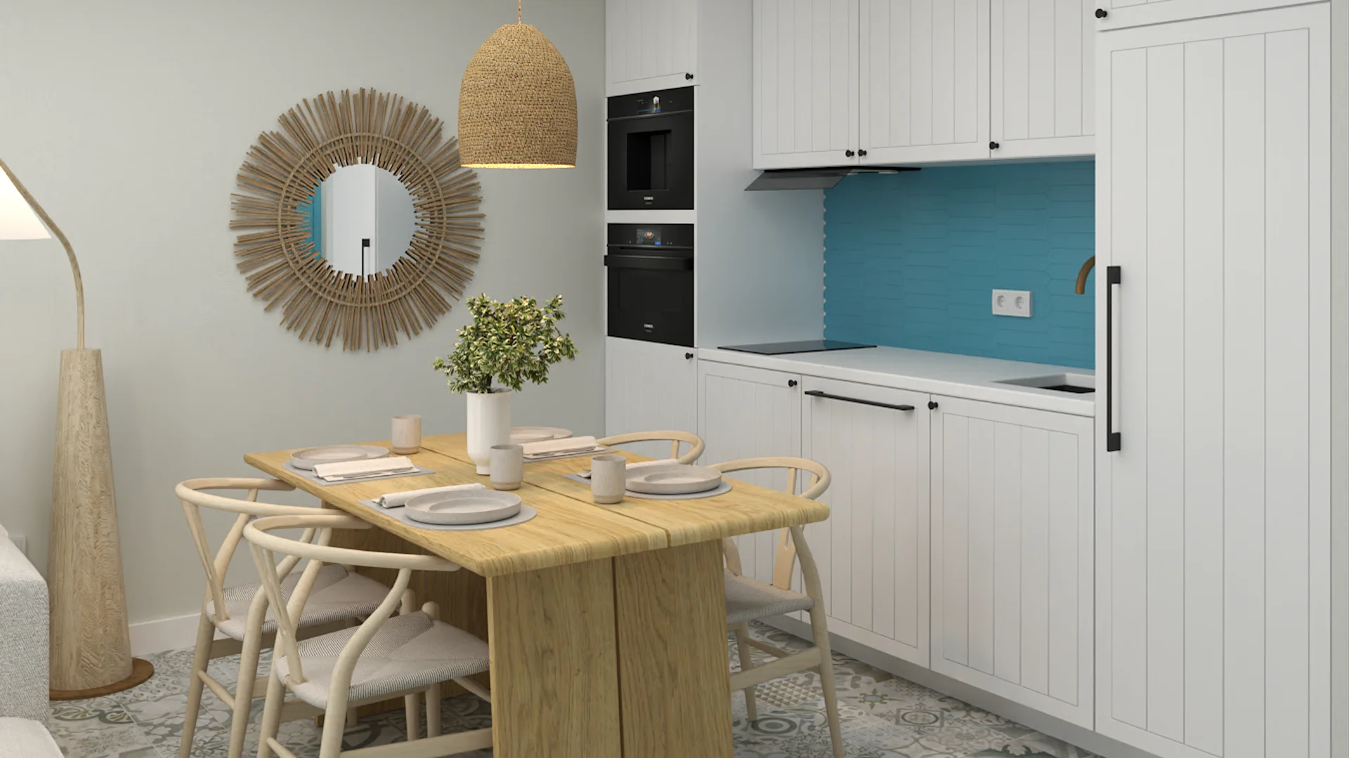 Coastal kitchen dining area with oak table, wishbone chairs, rattan pendant, blue tile backsplash
