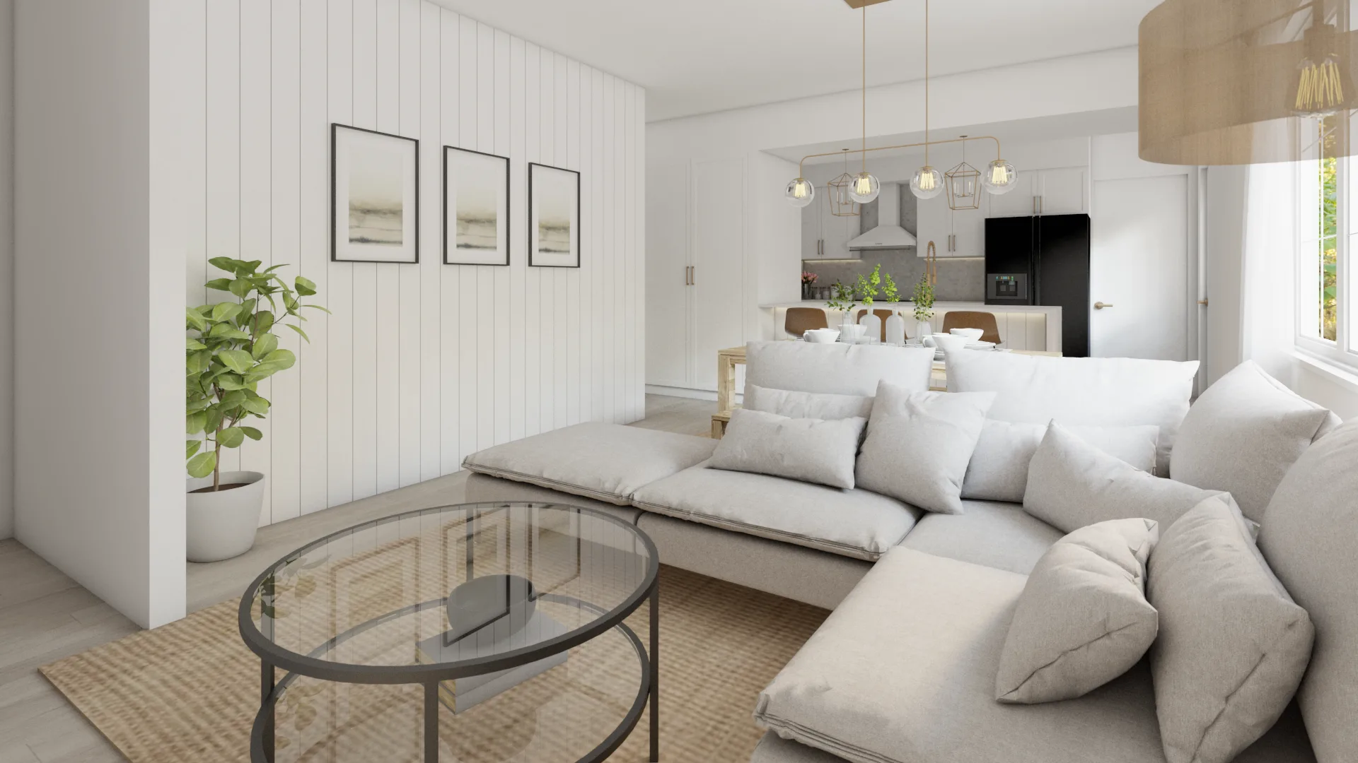 Cream linen L-shaped sofa facing shiplap wall with three coastal prints and jute rug