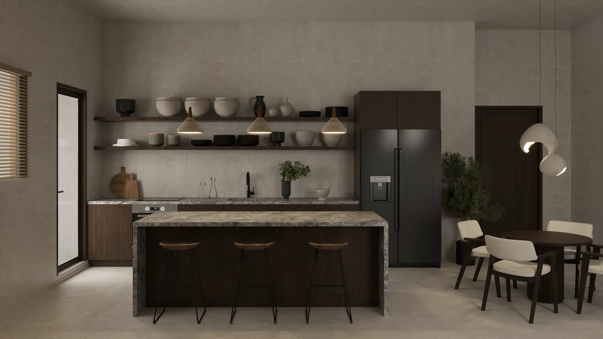 Open kitchen with granite-top island, three bar stools, dark wood cabinets, and open shelving.