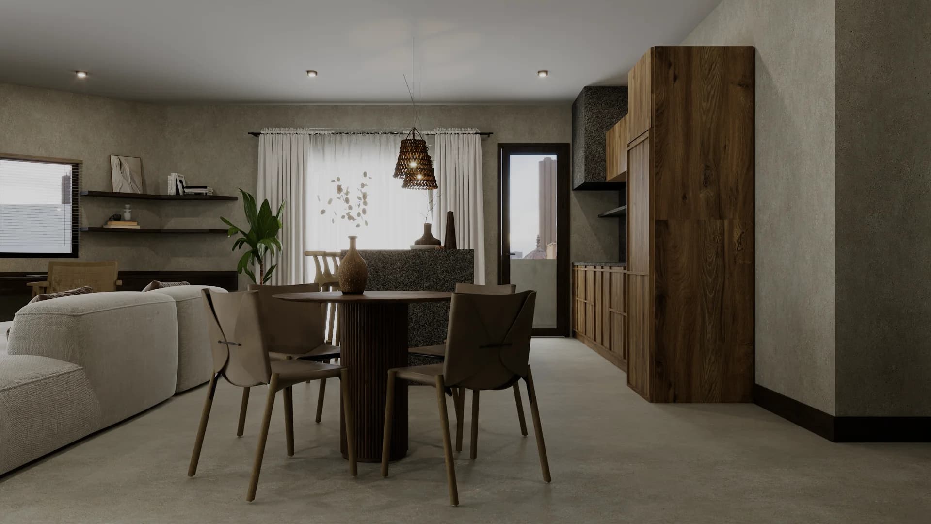 Dining area with round pedestal table, woven pendant lamp, brown chairs, and kitchen view.
