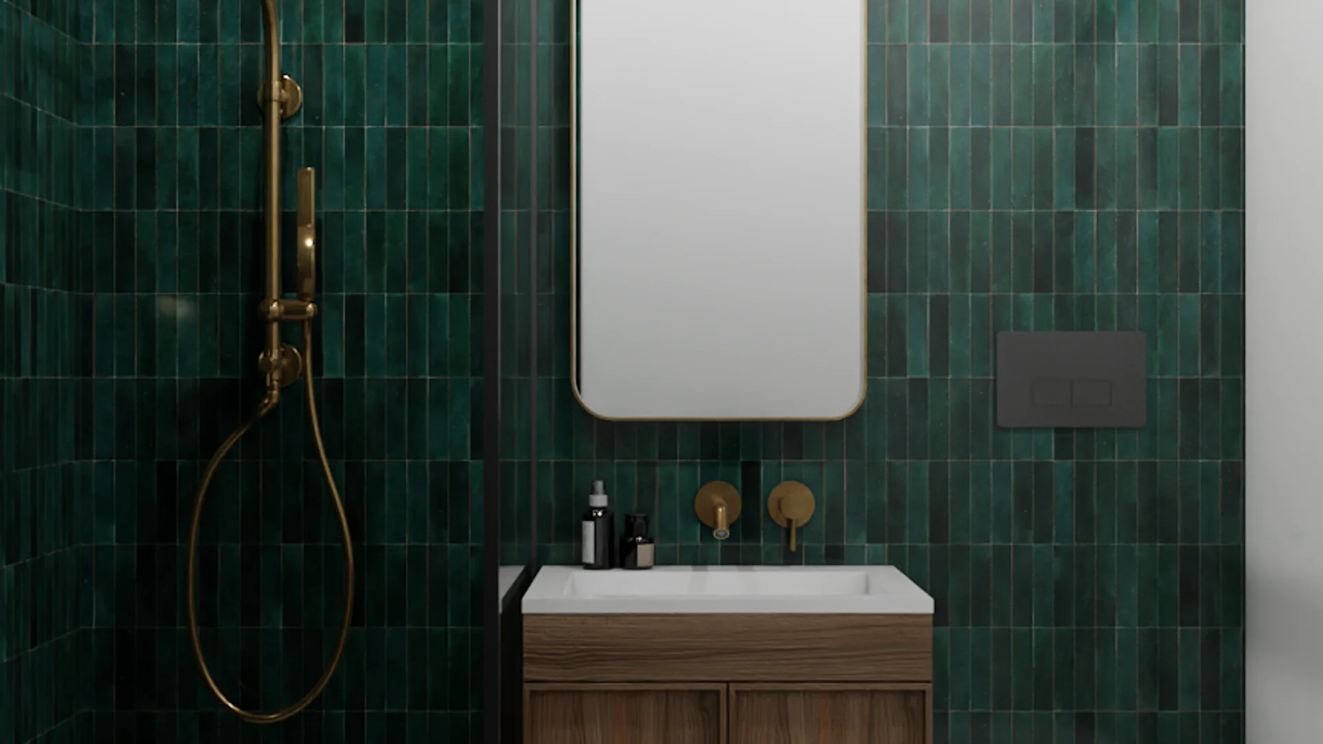 Emerald green zellige tile bathroom with brass rain shower and floating walnut vanity