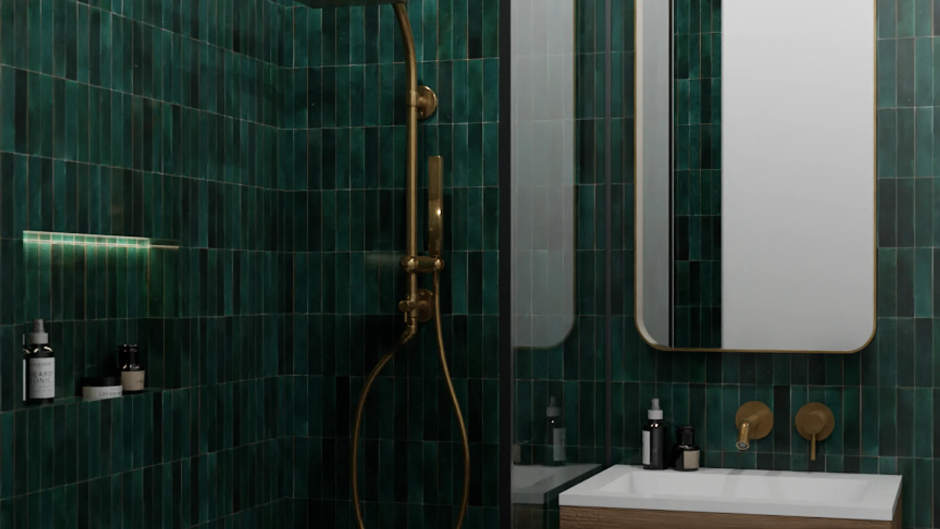 Zellige tile shower with brass rain head, glass partition, and walnut vanity