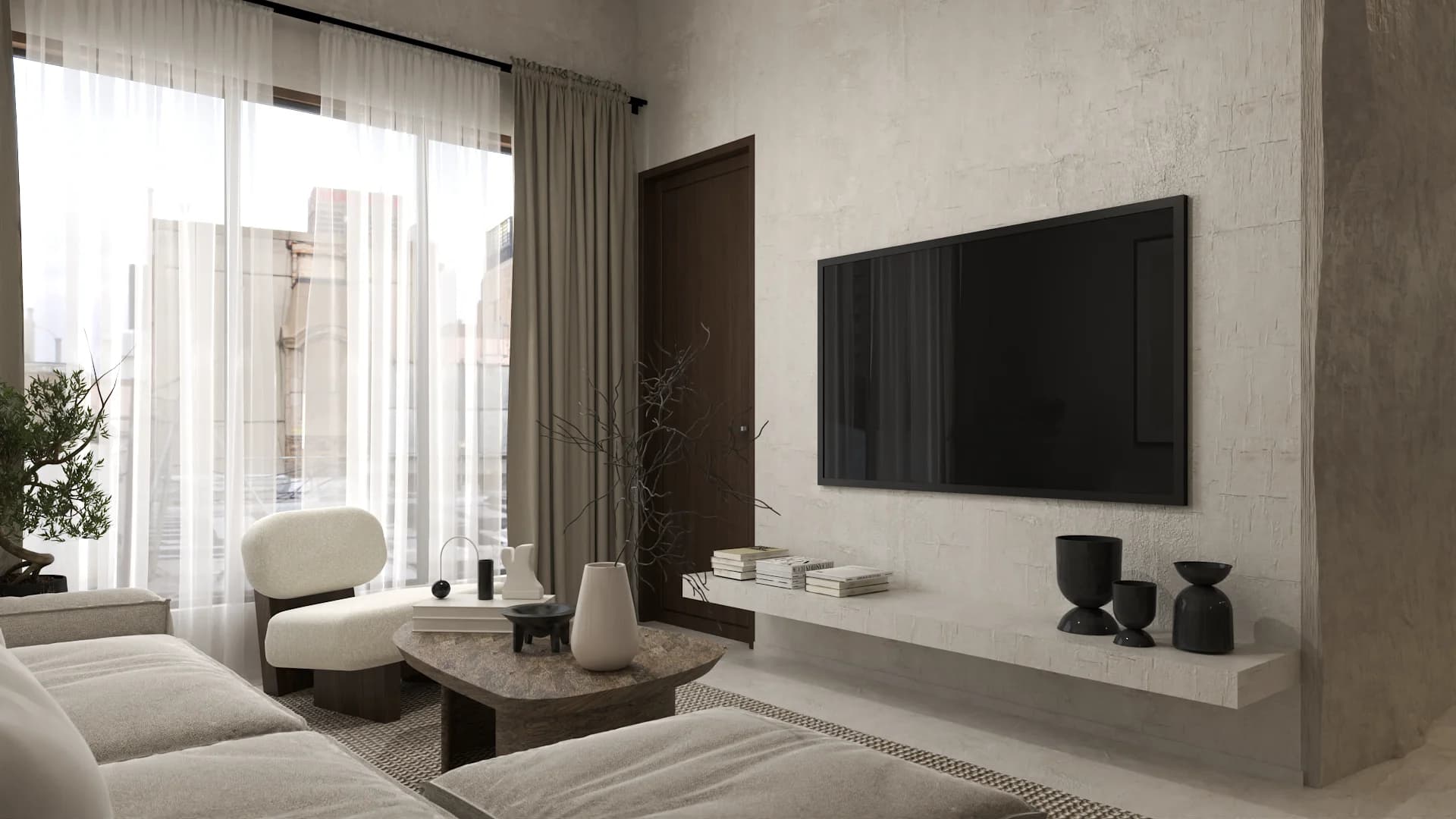 TV wall with mounted screen, floating shelf, white boucle accent chair, and stone pedestal table.
