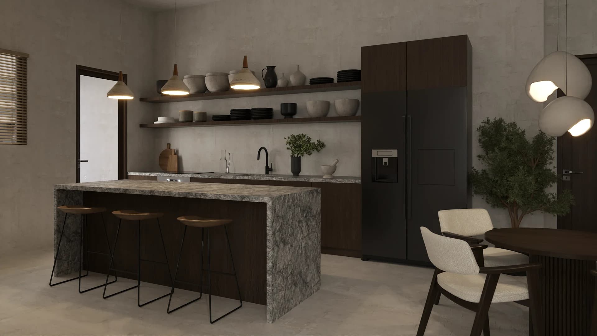 Kitchen with granite waterfall island, dark wood cabinets, black sphere pendants, and dining peek.