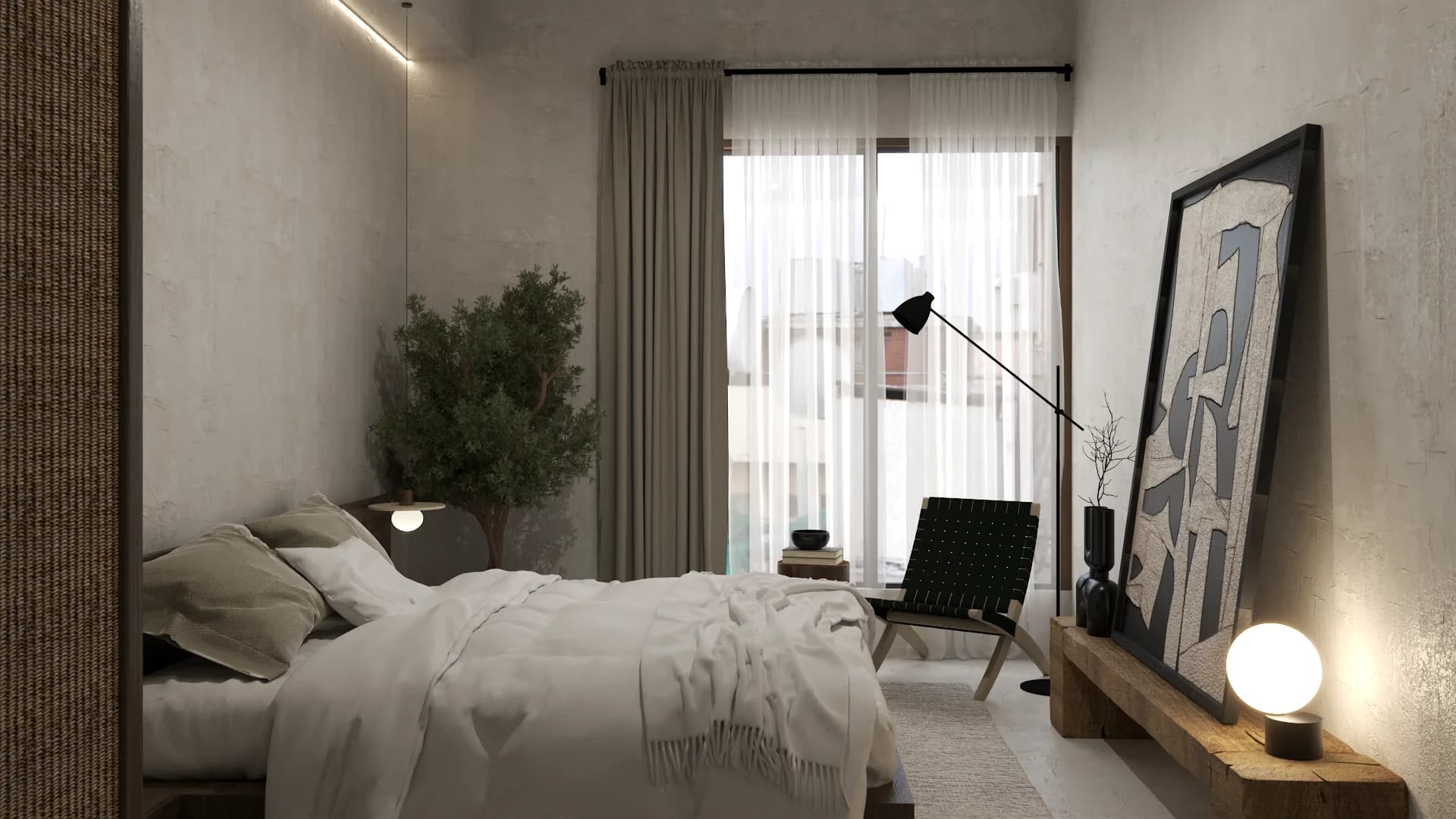 Guest bedroom with leather sling chair, framed abstract art, indoor plant, and balcony view.