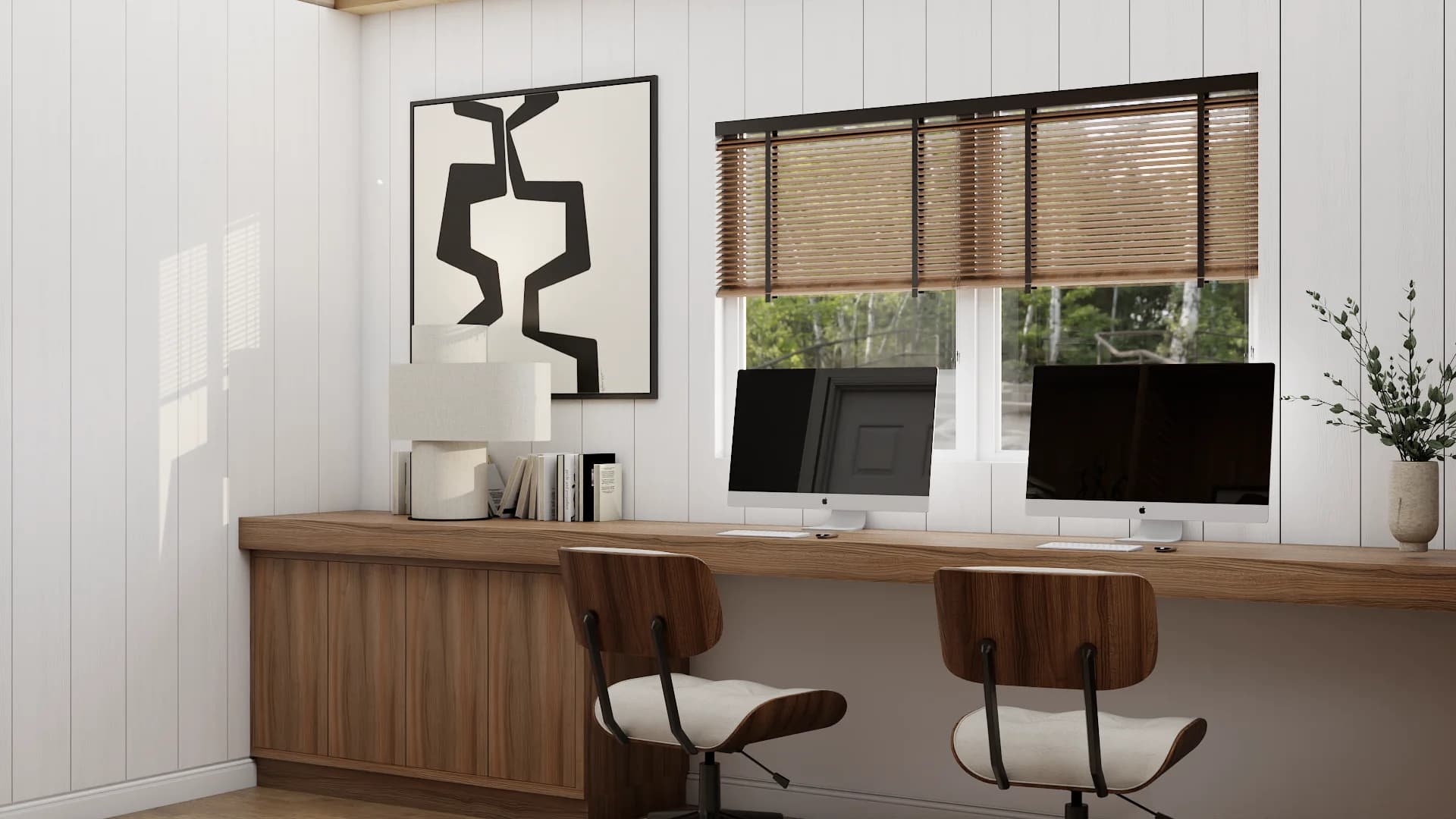 Home office wider view with walnut floating desk, dual monitors, and bamboo blinds