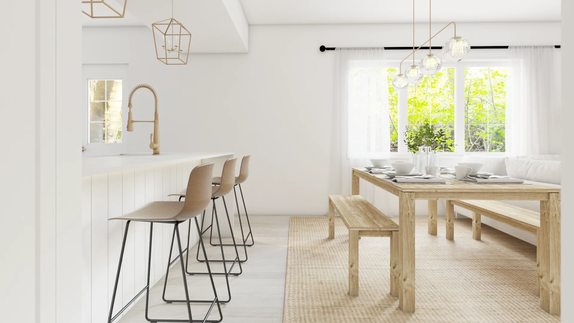 Kitchen island with tan bar stools and geometric brass pendants, pine table by garden window