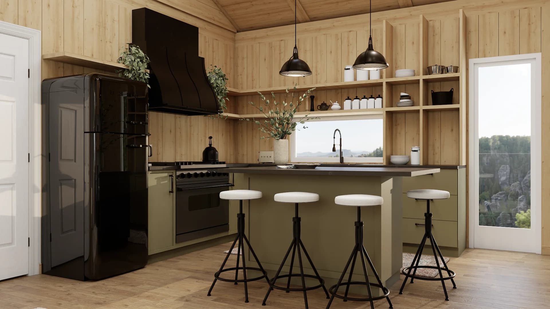 Kitchen island with olive green base, dark countertop, white bar stools, and forest view